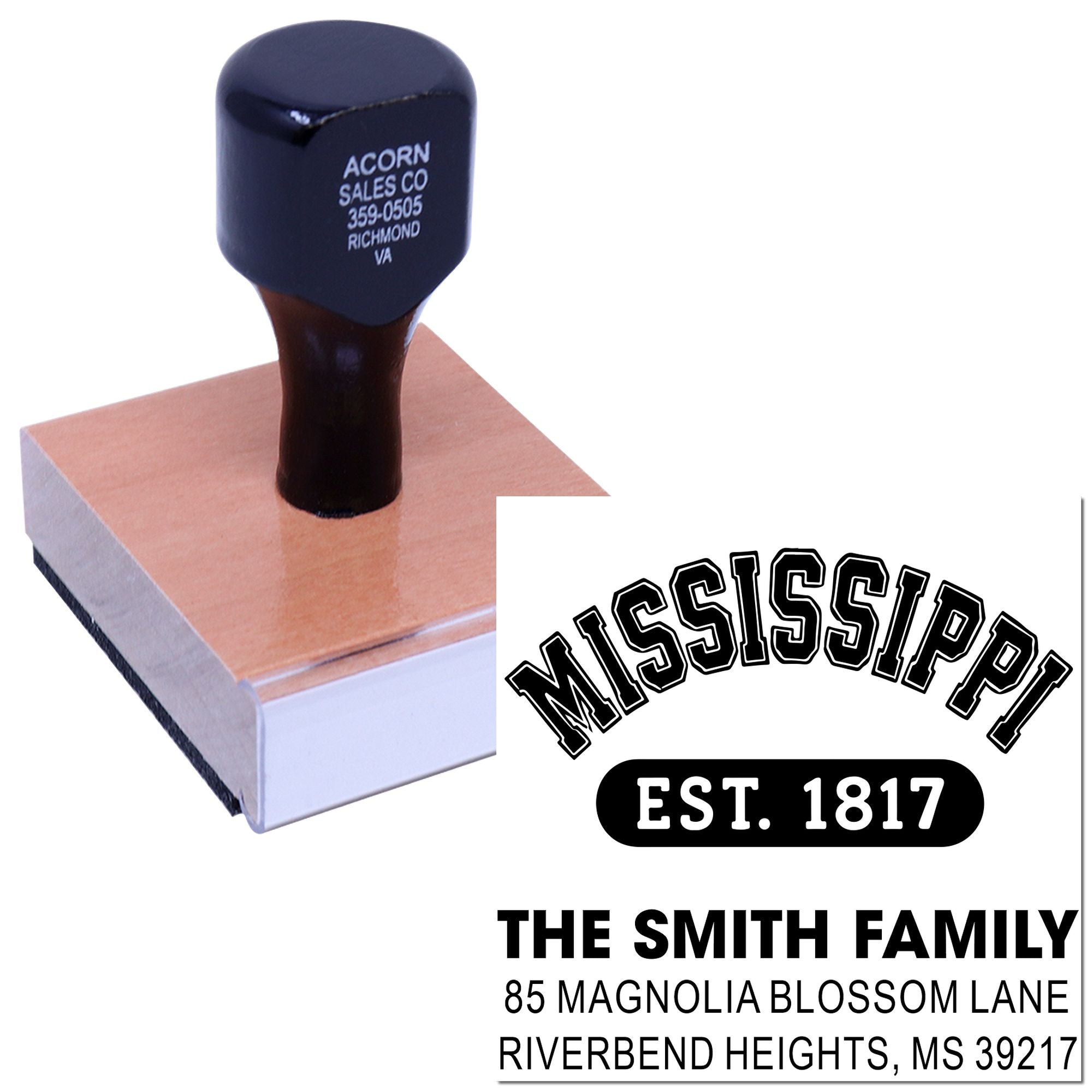 Custom return address rubber stamp with Smith family name and Mississippi mailing address imprint.