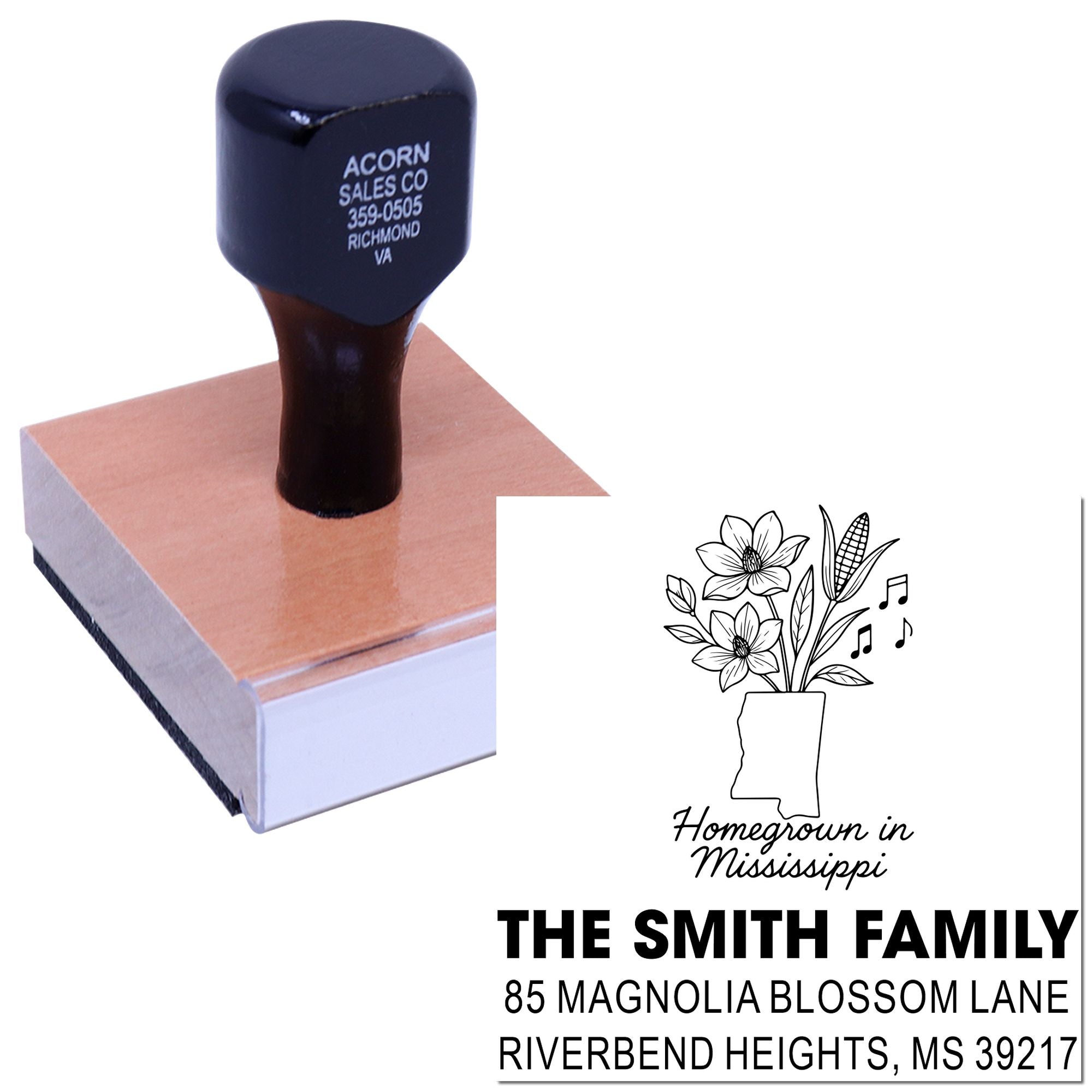 Custom rubber address stamp with floral Mississippi family design and personalized home return address imprint