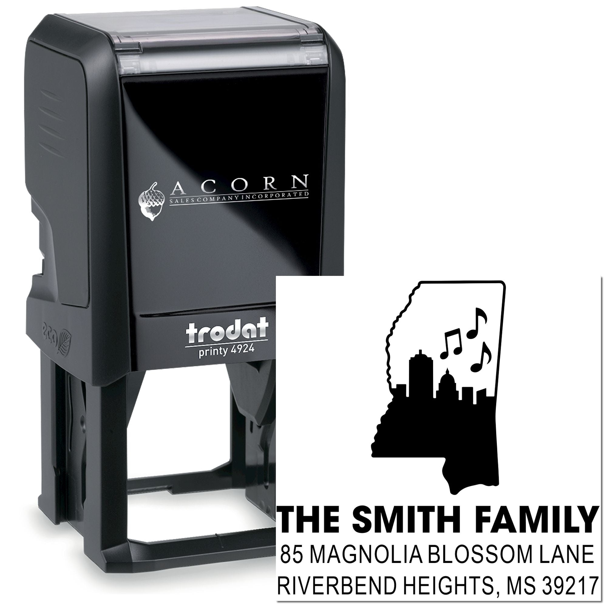 Custom self-inking rubber address stamp with Mississippi family design and music notes, personalized for The Smith Family.