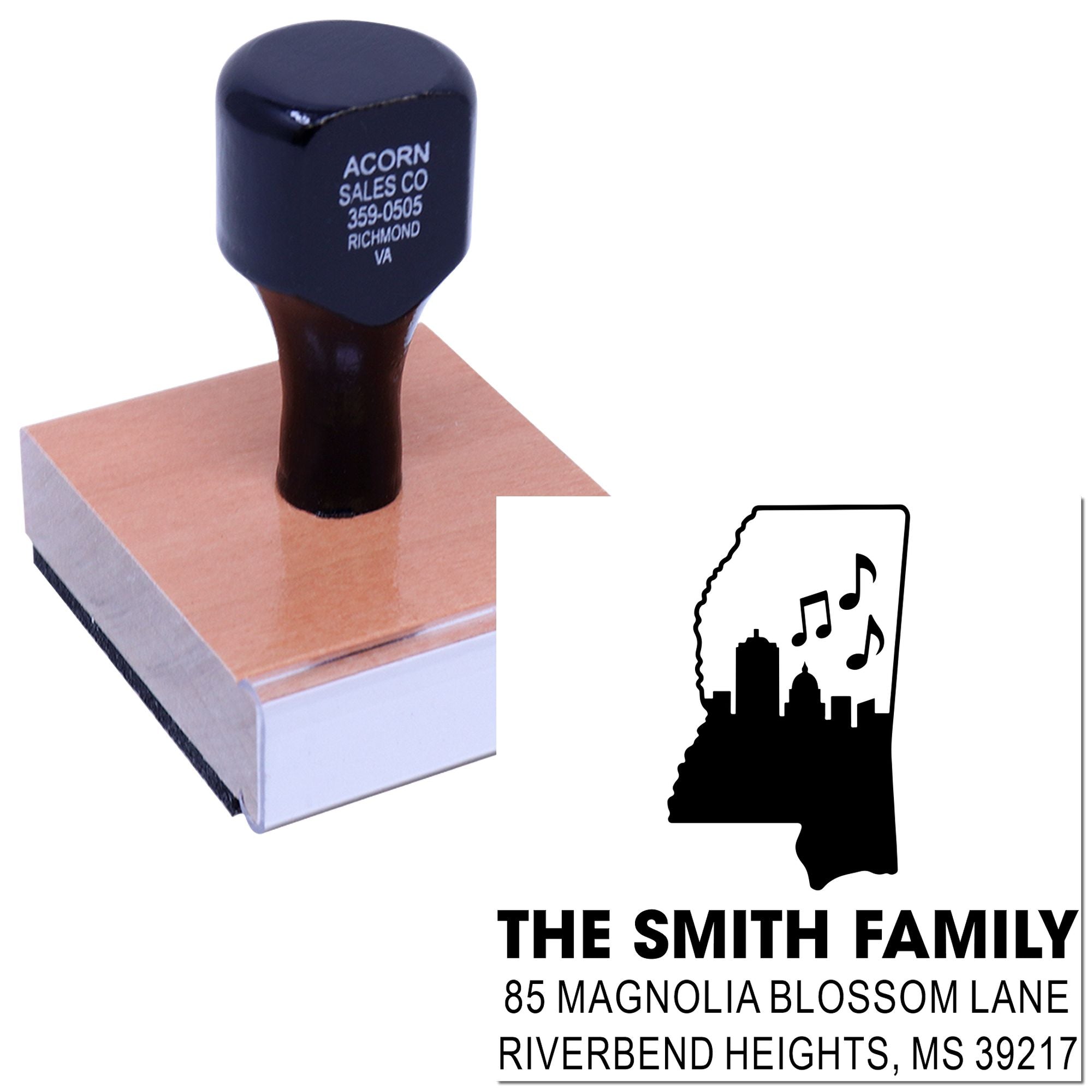 Custom Mississippi address rubber stamp with family name, city skyline and music note design for personalized mailing.