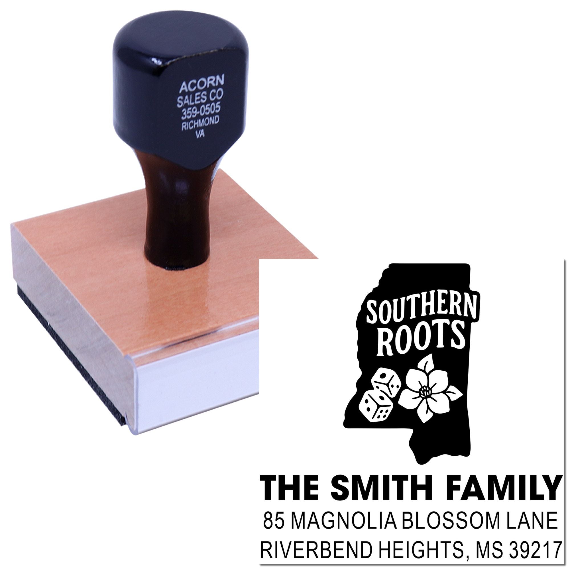 Custom address rubber stamp with Southern Roots family logo and return address for The Smith Family