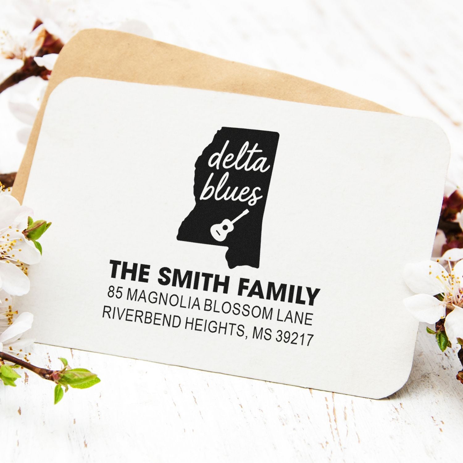 Custom Mississippi Delta Blues return address rubber stamp for family envelopes, with state silhouette and guitar.