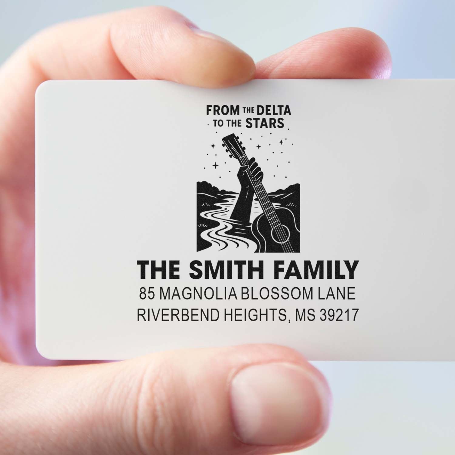 Personalized return address rubber stamp for The Smith Family with guitar artwork
