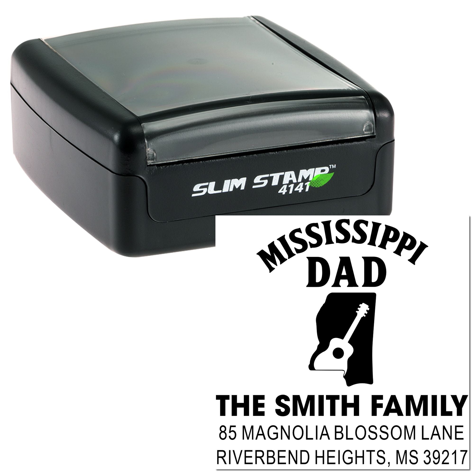 Self-inking Slim Stamp 4141 preview with custom Mississippi Dad return address rubber stamp design