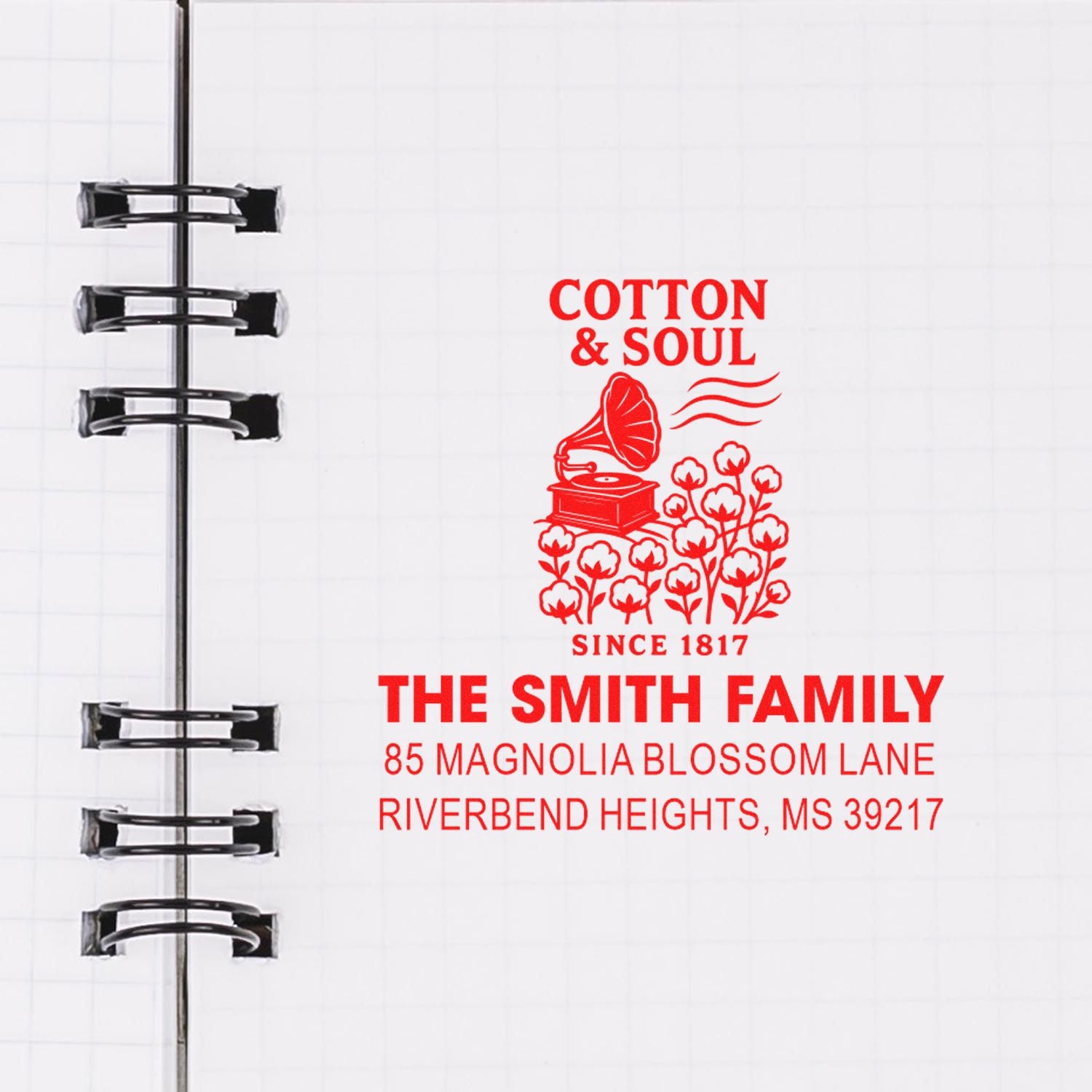 Custom family rubber stamp design with Cotton & Soul logo, vintage gramophone, and return address for The Smith Family.