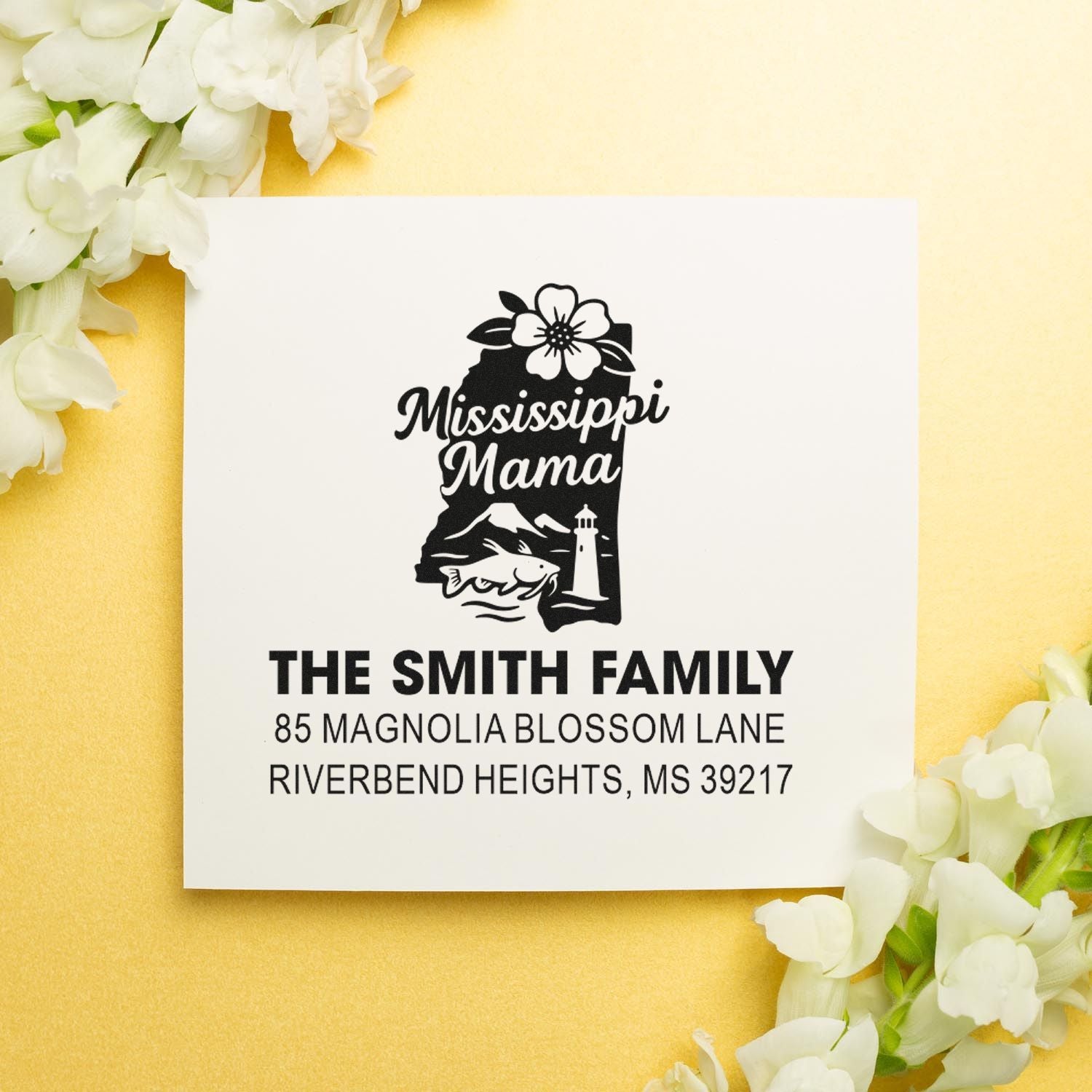 Custom Mississippi Mama family address rubber stamp with Magnolia State graphic for The Smith Family.