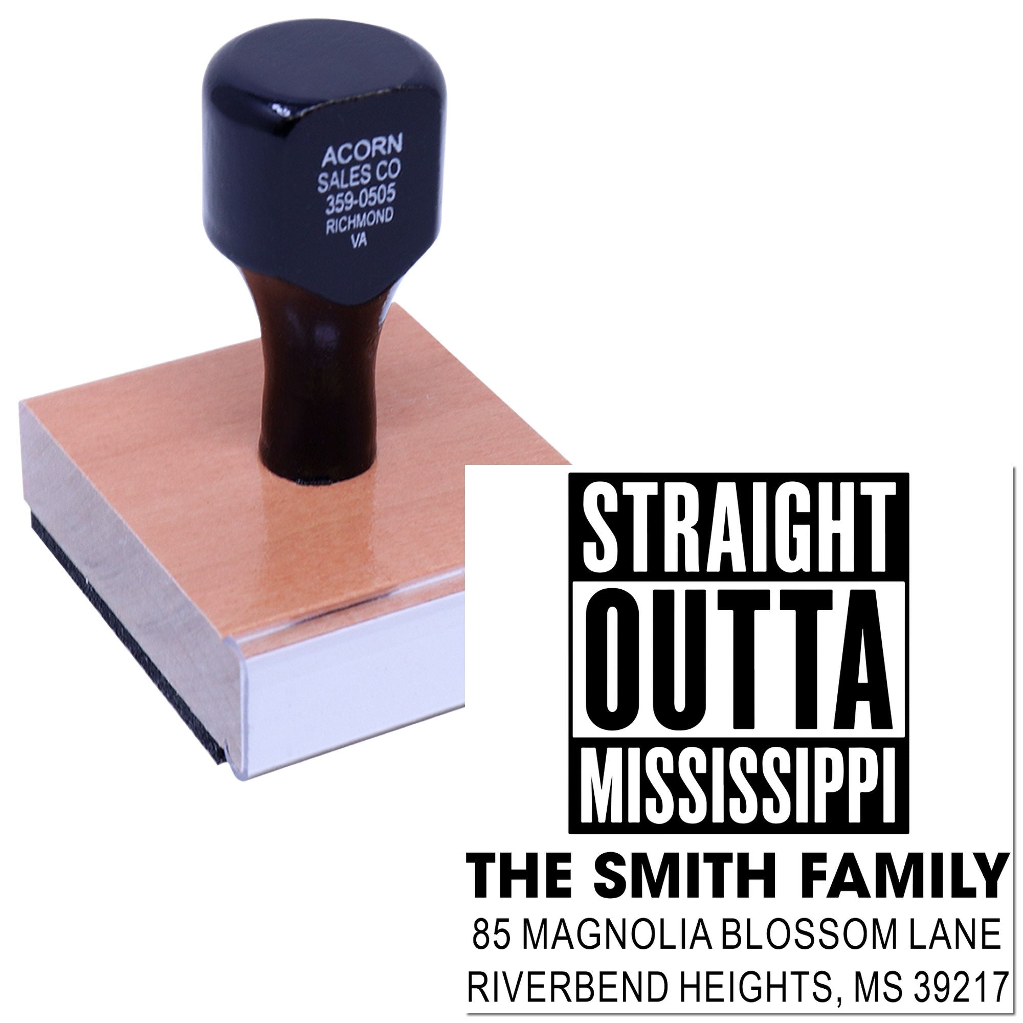 Custom rubber stamp featuring Straight Outta Mississippi design for The Smith Family address imprint, MS 39217