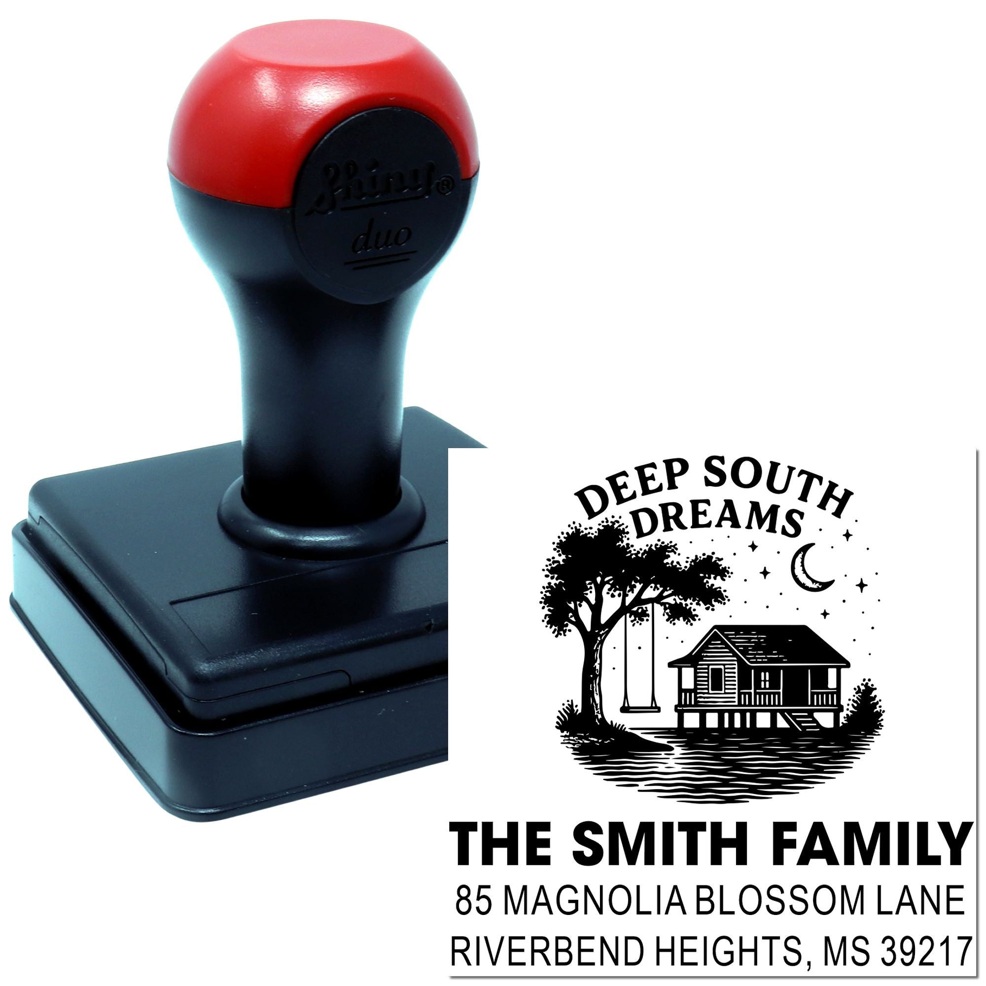 Custom self-inking rubber address stamp with Deep South Dreams design, family name, and return address.