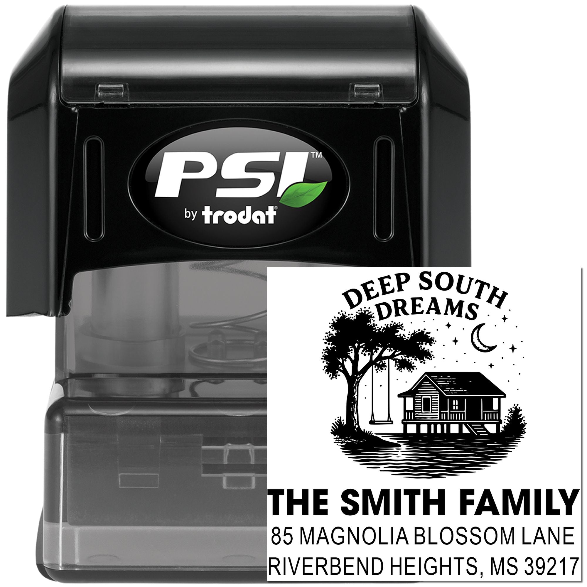 Custom self-inking rubber address stamp by PSI by Trodat with Deep South Dreams family design and personalized name and address.