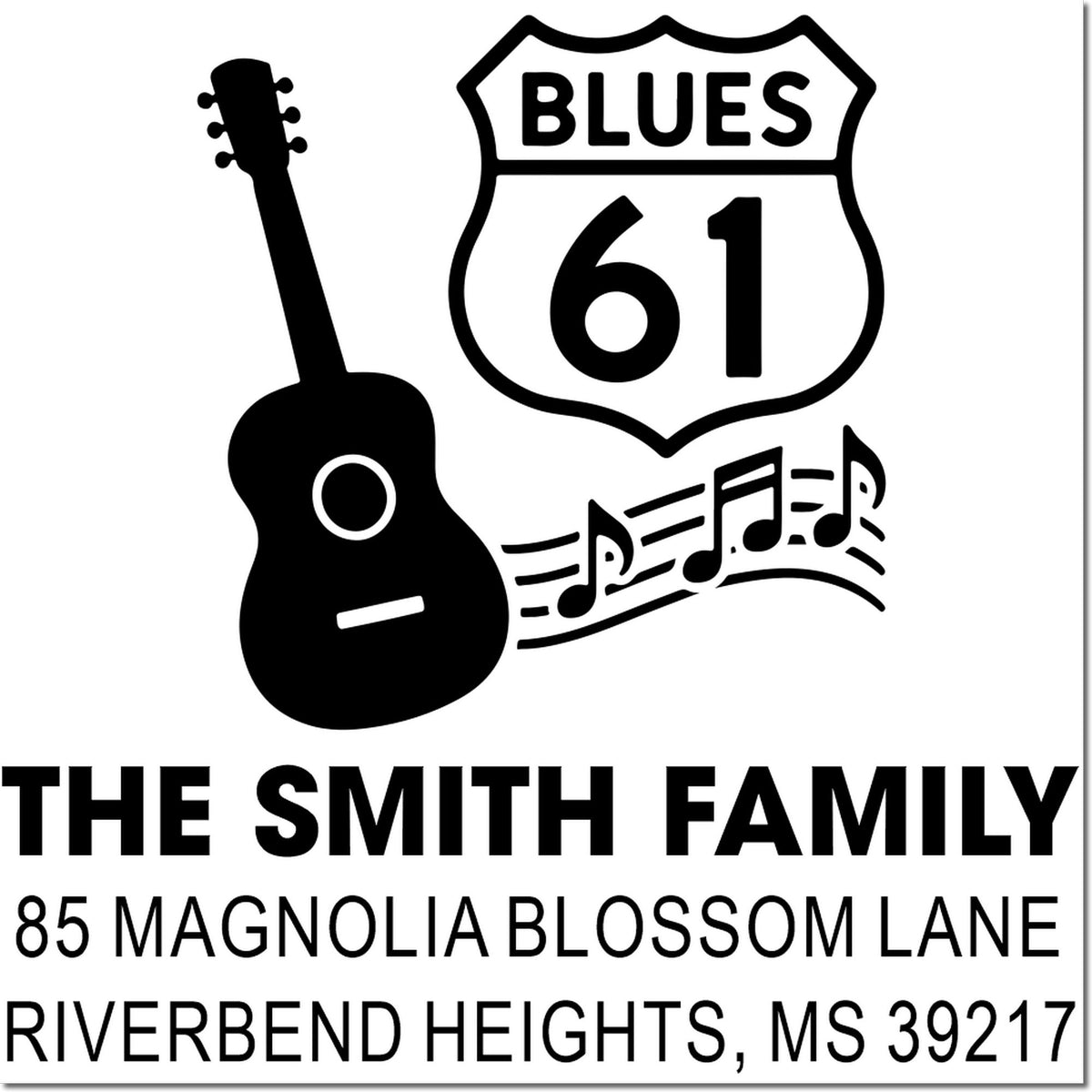 Custom family address rubber stamp with Blues 61 guitar design, The Smith Family, Riverbend Heights MS 39217.