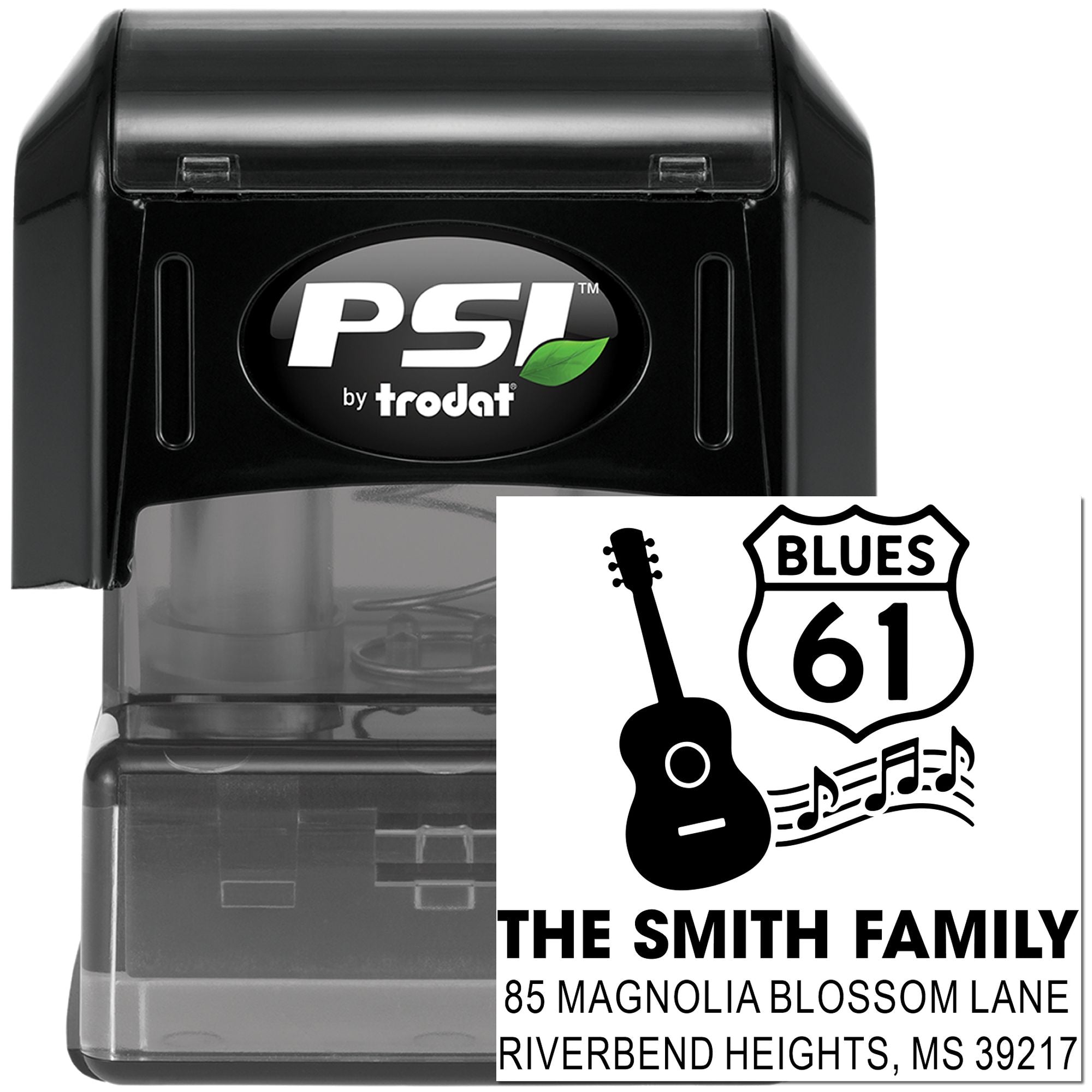 Custom PSI by Trodat self-inking address stamp with blues guitar design, family name, and mailing address.