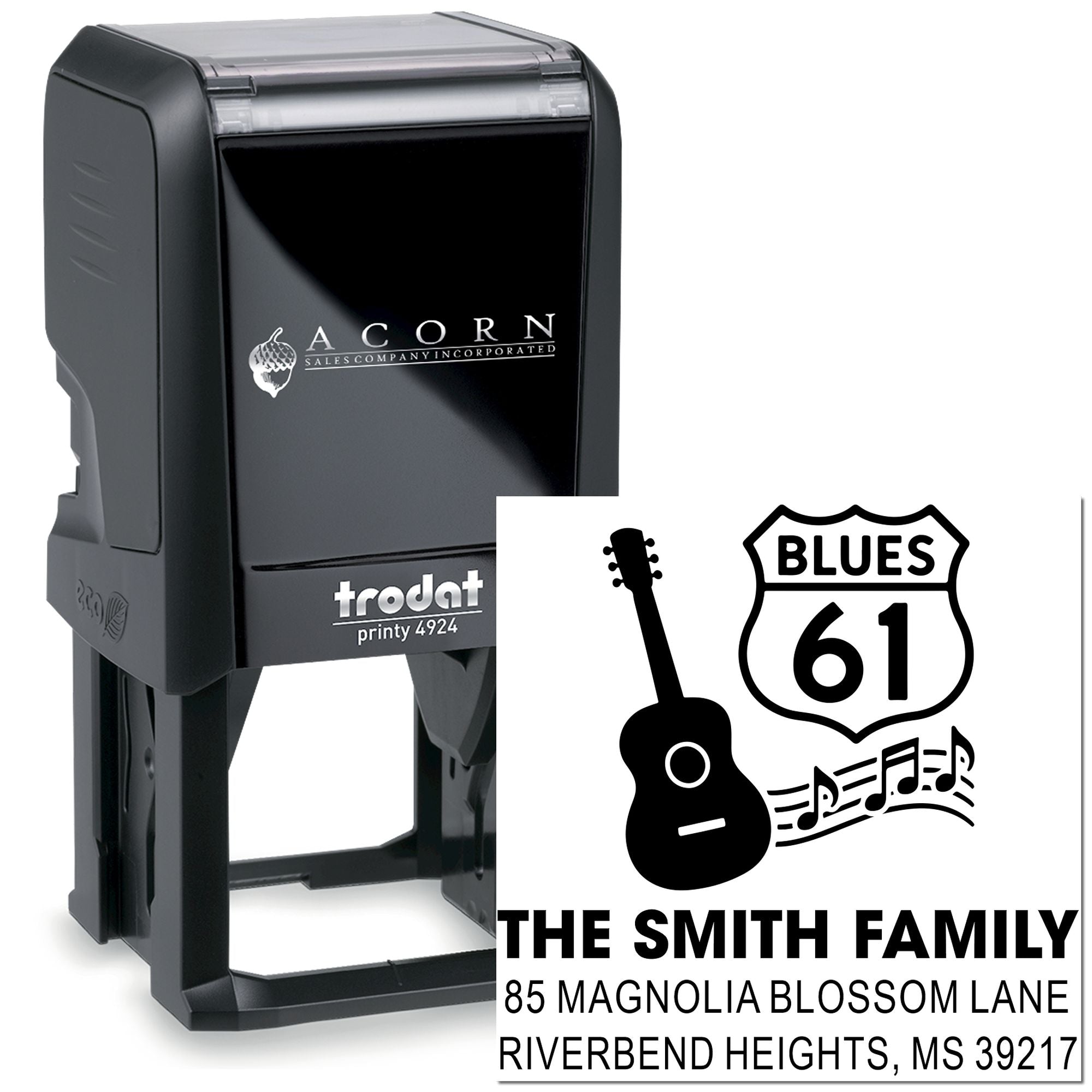Custom self-inking rubber address stamp with guitar and Route 61 design for The Smith Family music-themed mailing labels.