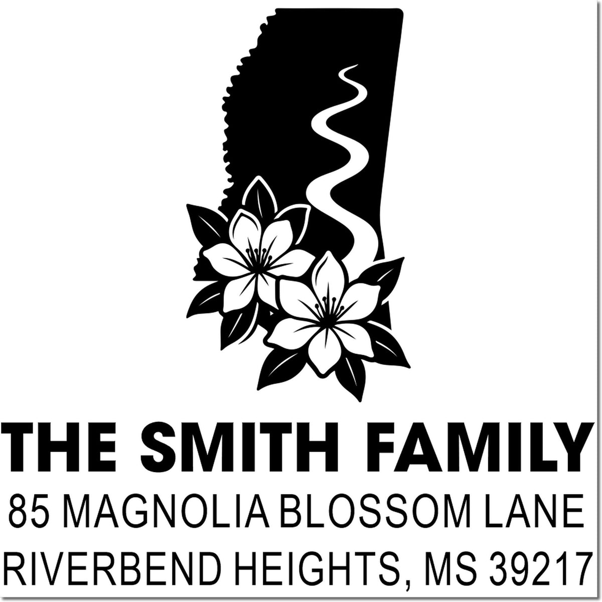 Custom Mississippi family return address rubber stamp with state silhouette, floral design, and The Smith Family address.
