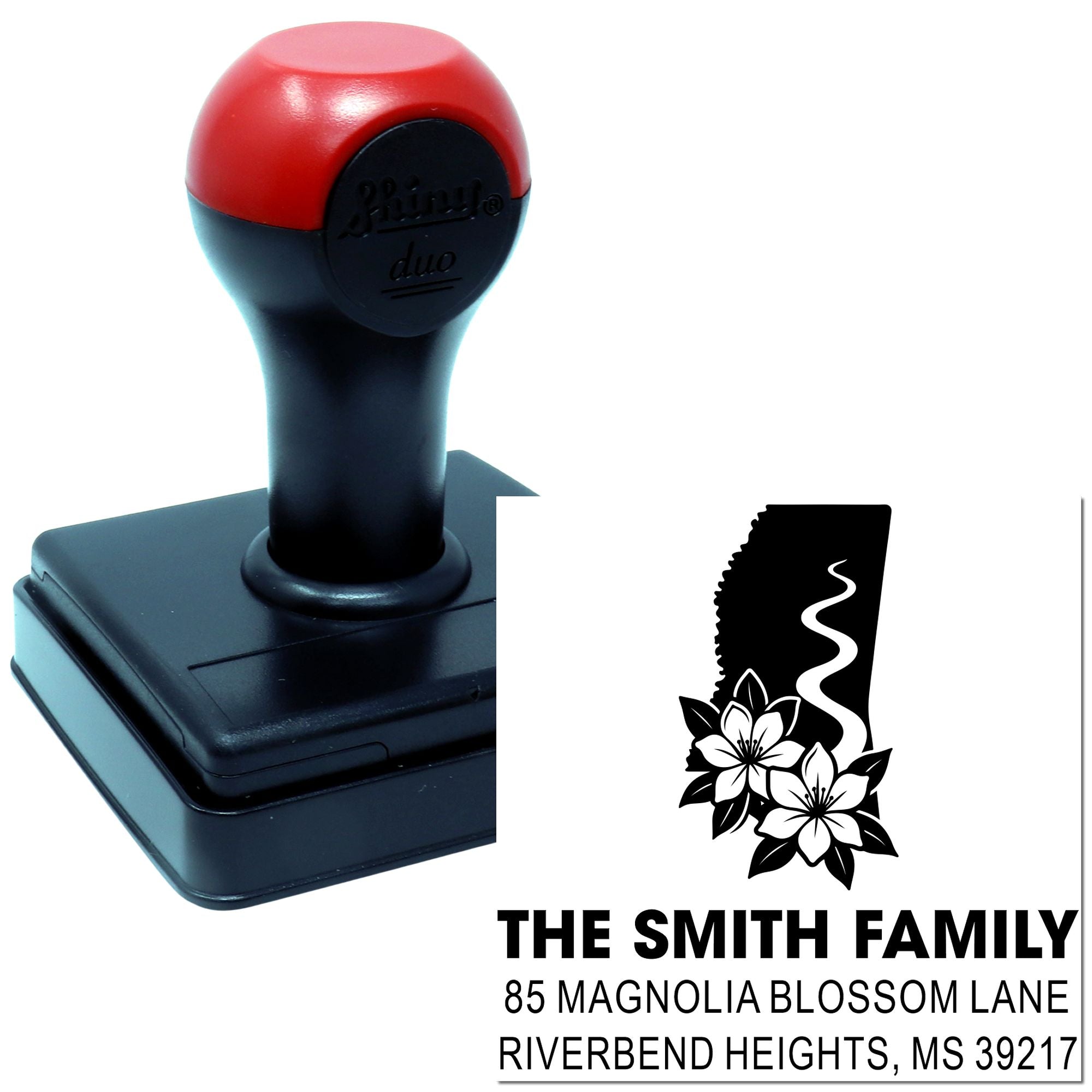 Custom self-inking rubber address stamp with floral monogram and The Smith Family return address design