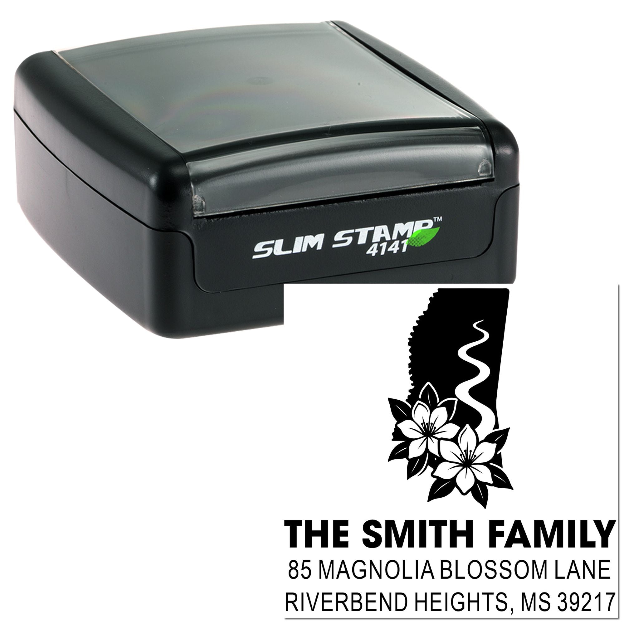Slim self-inking rubber stamp with custom floral return address design for family mail and envelopes.