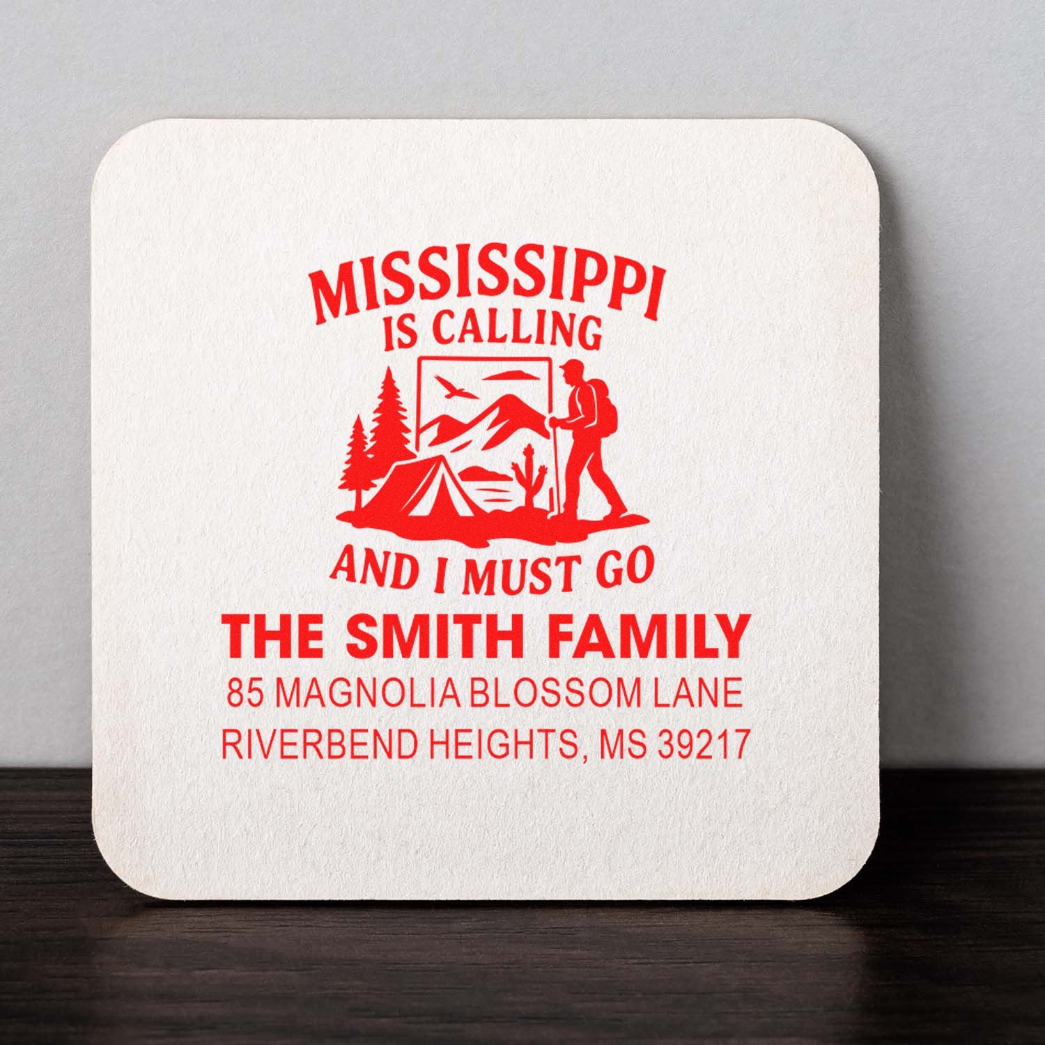 Custom Mississippi camping return address rubber stamp for The Smith Family, Riverbend Heights, MS 39217