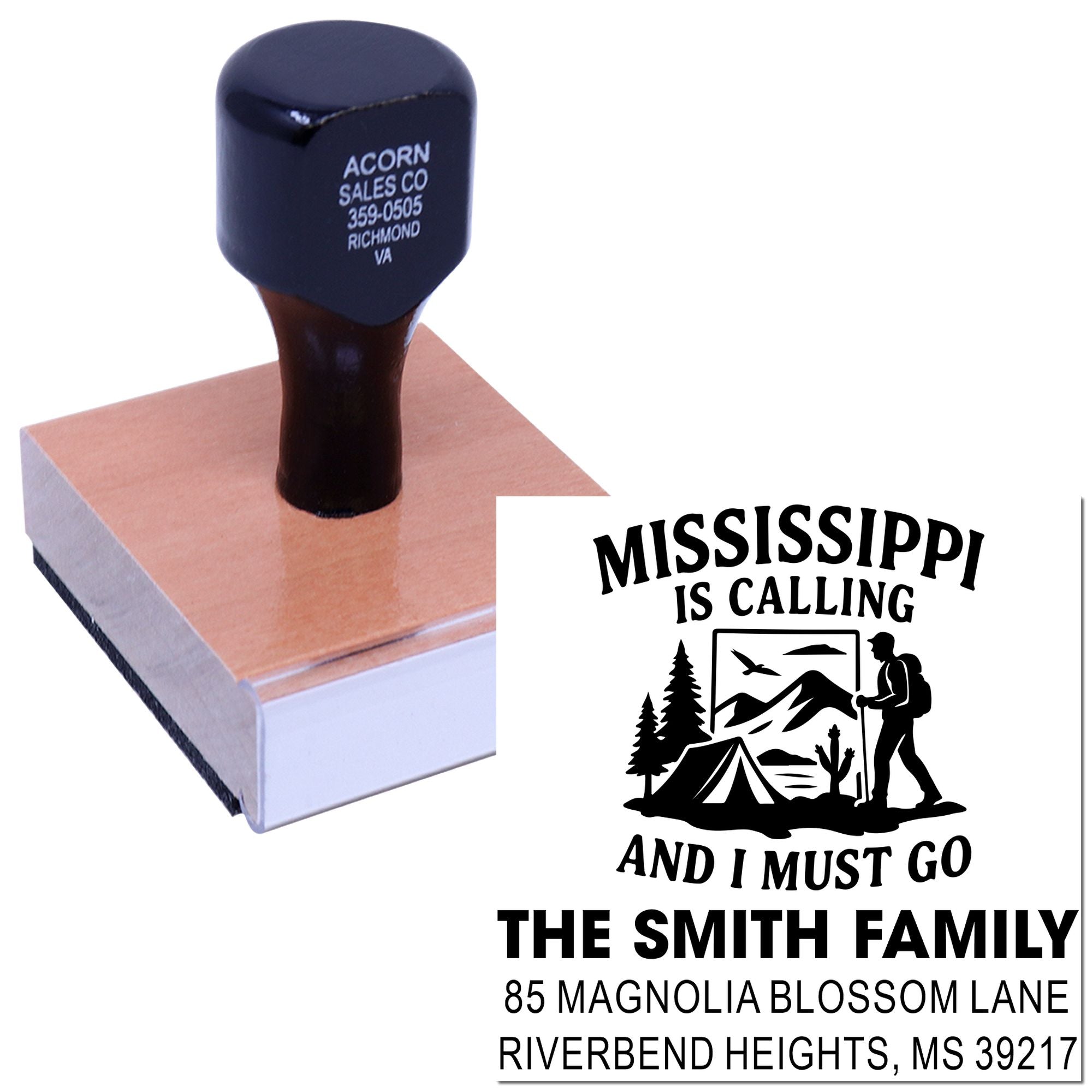 Personalized rubber stamp with Mississippi travel design and custom family address imprint