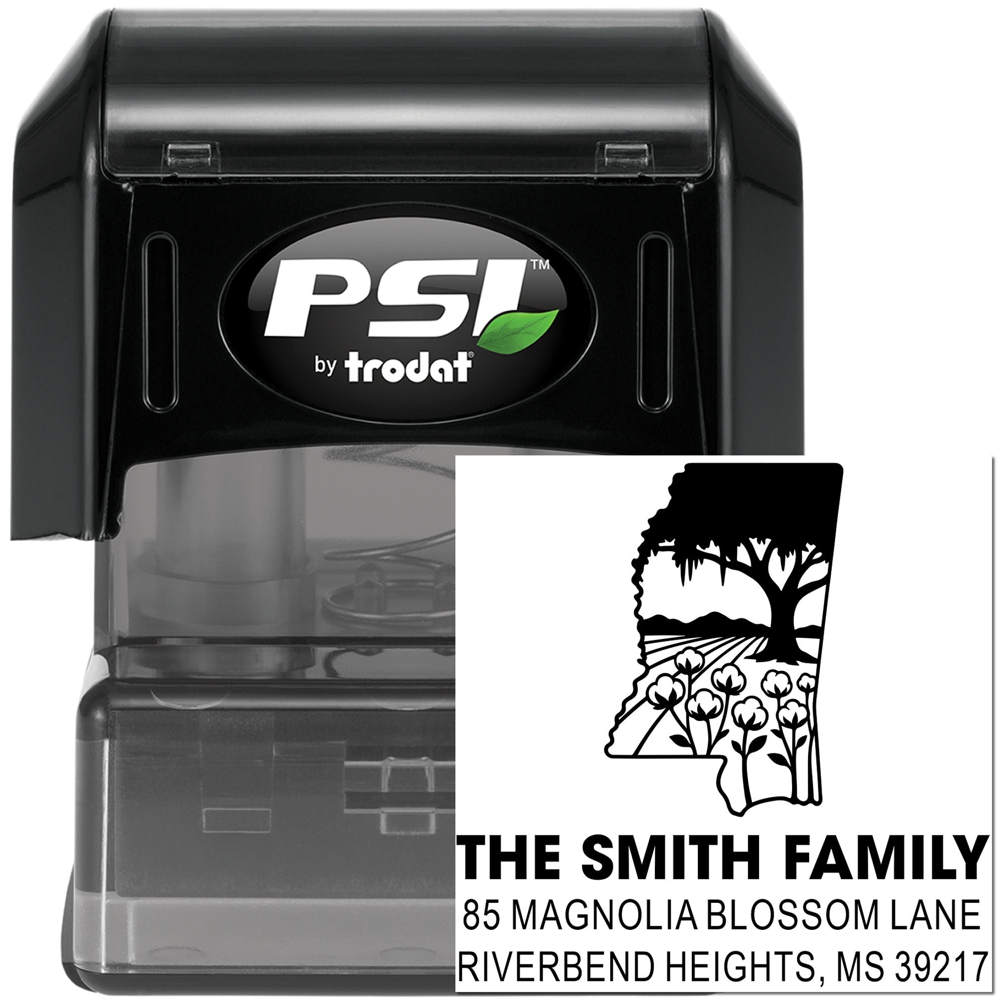 Custom Mississippi address rubber stamp with family name, state silhouette, and self-inking PSI by Trodat stamp.