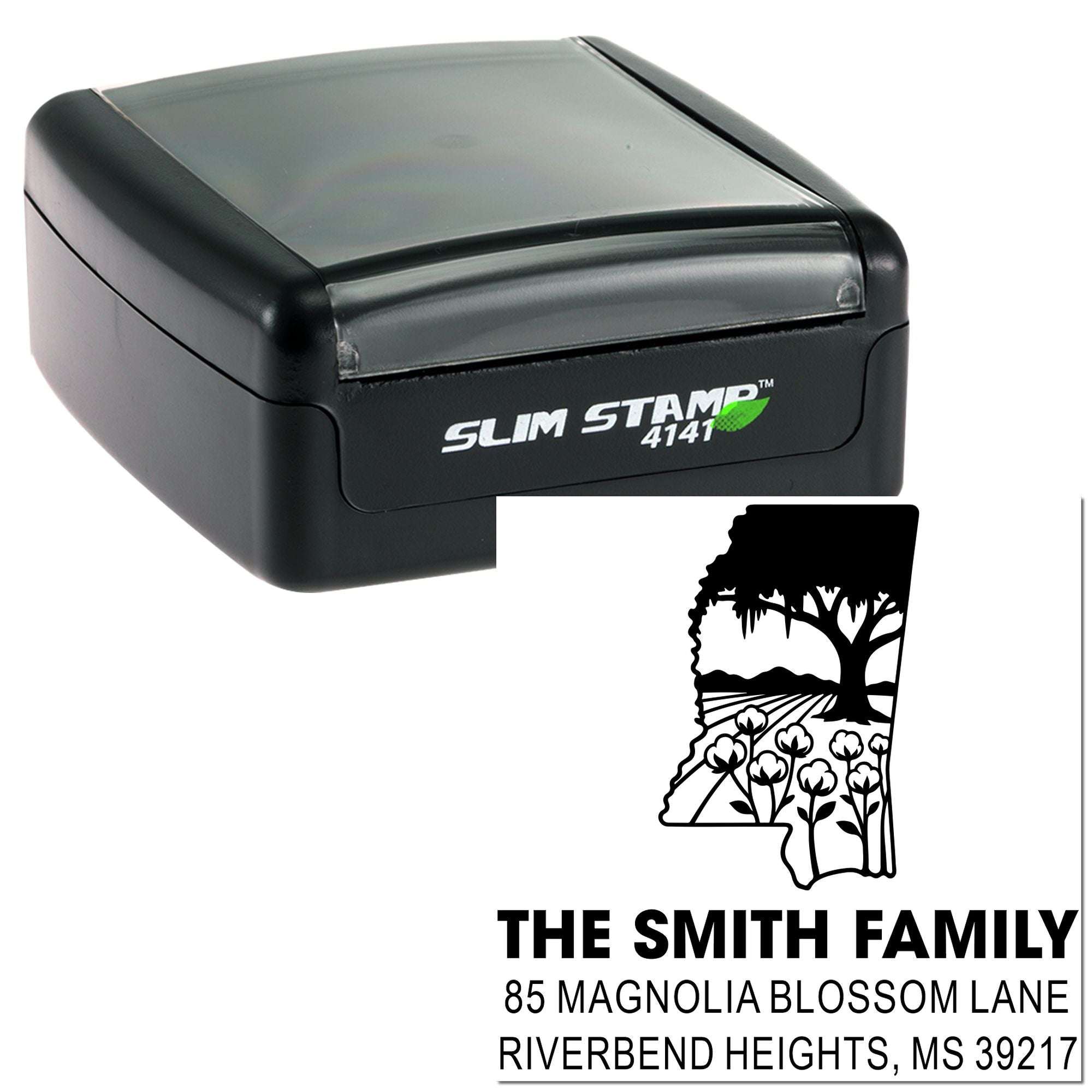 Slim self-inking rubber address stamp with custom family name and return address design for personalized mailing.
