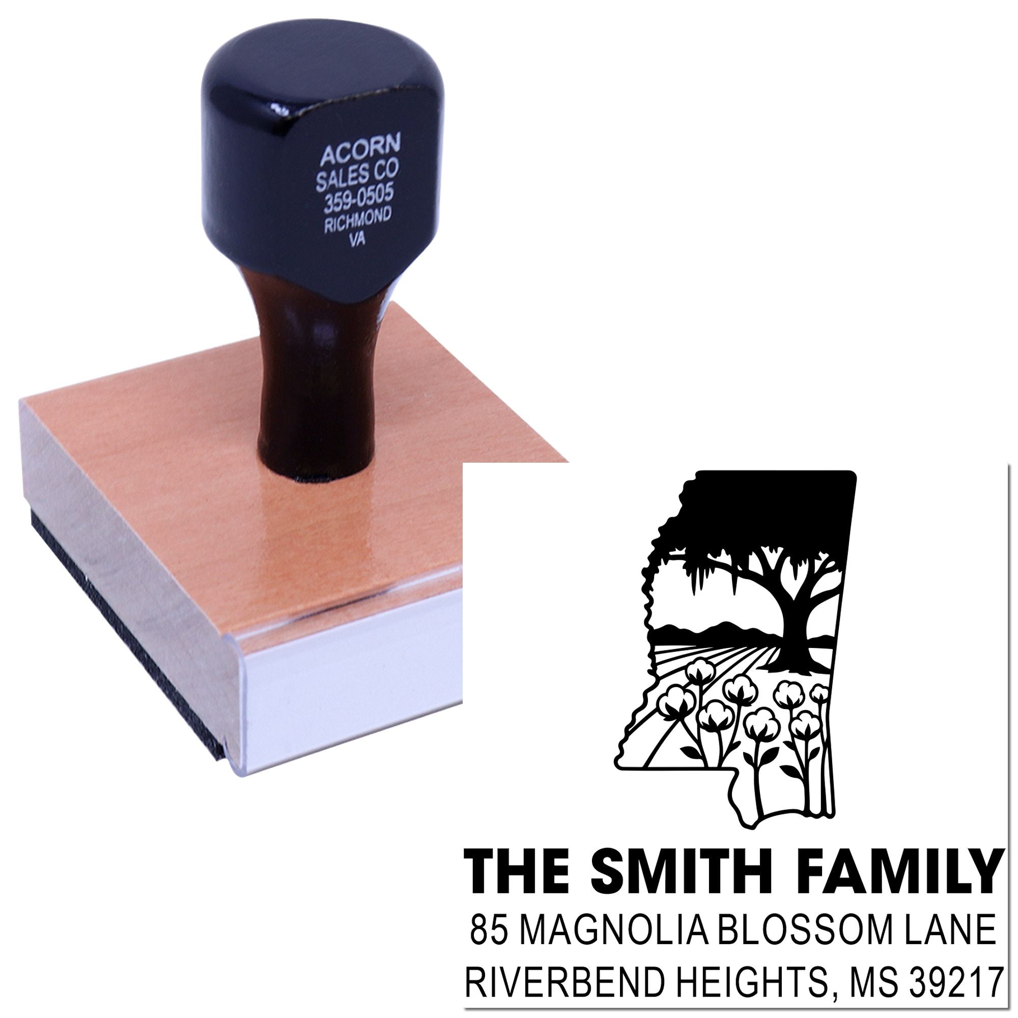 Custom family address rubber stamp with decorative tree design for mailing envelopes and return addresses.