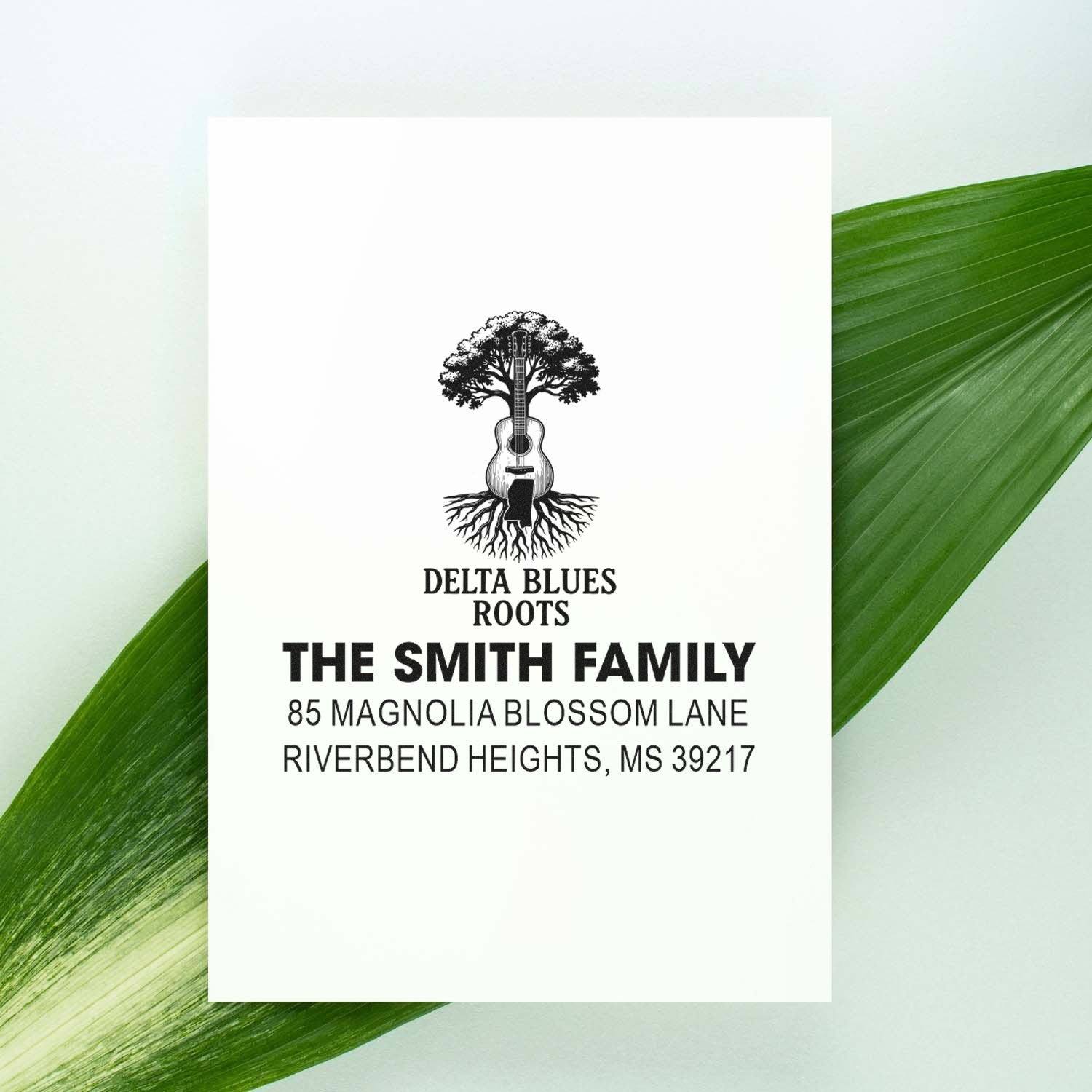Custom return address rubber stamp for The Smith Family with Delta Blues Roots guitar tree logo