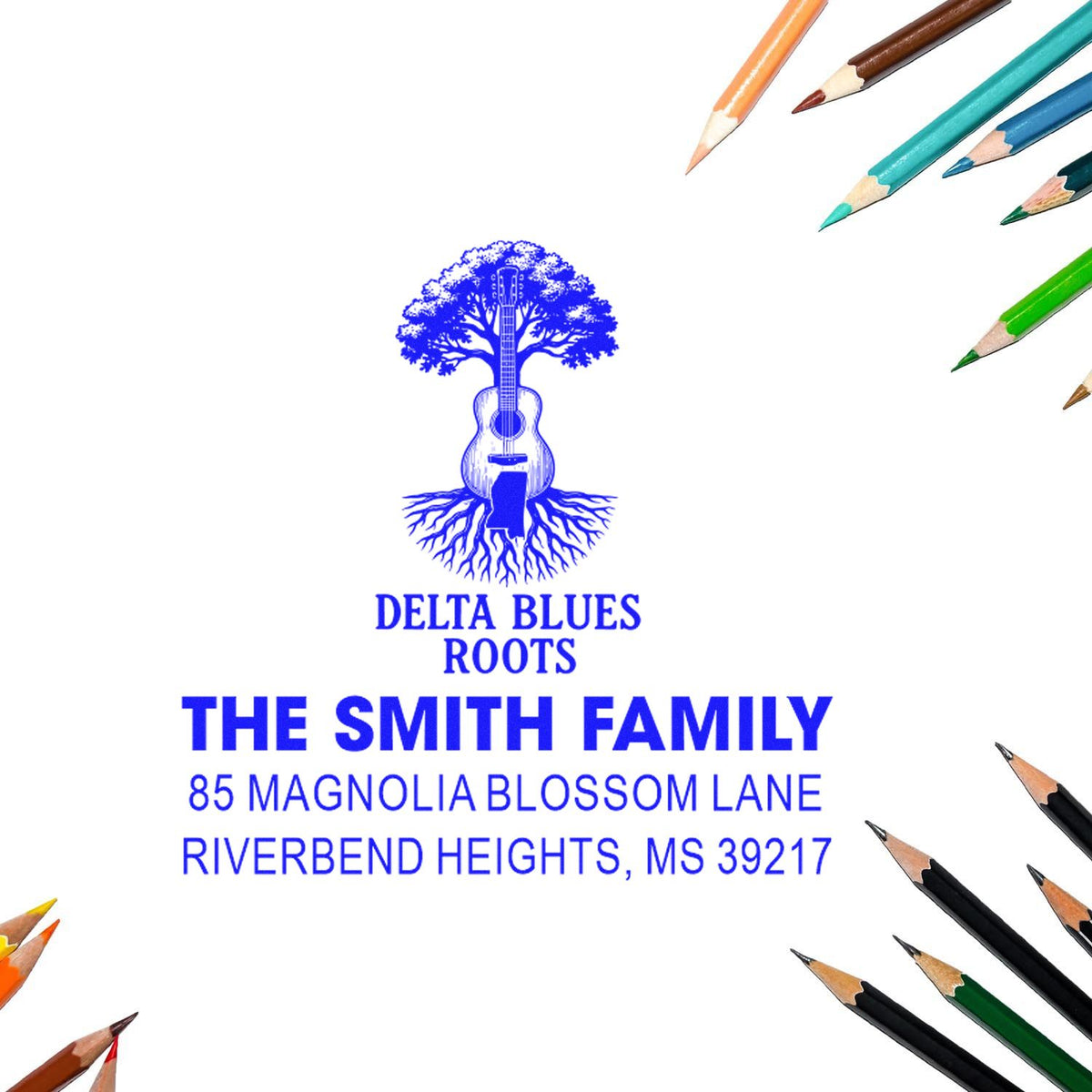 Custom rubber address stamp with Delta Blues Roots guitar-tree logo, The Smith Family name, and Riverbend Heights, MS address.