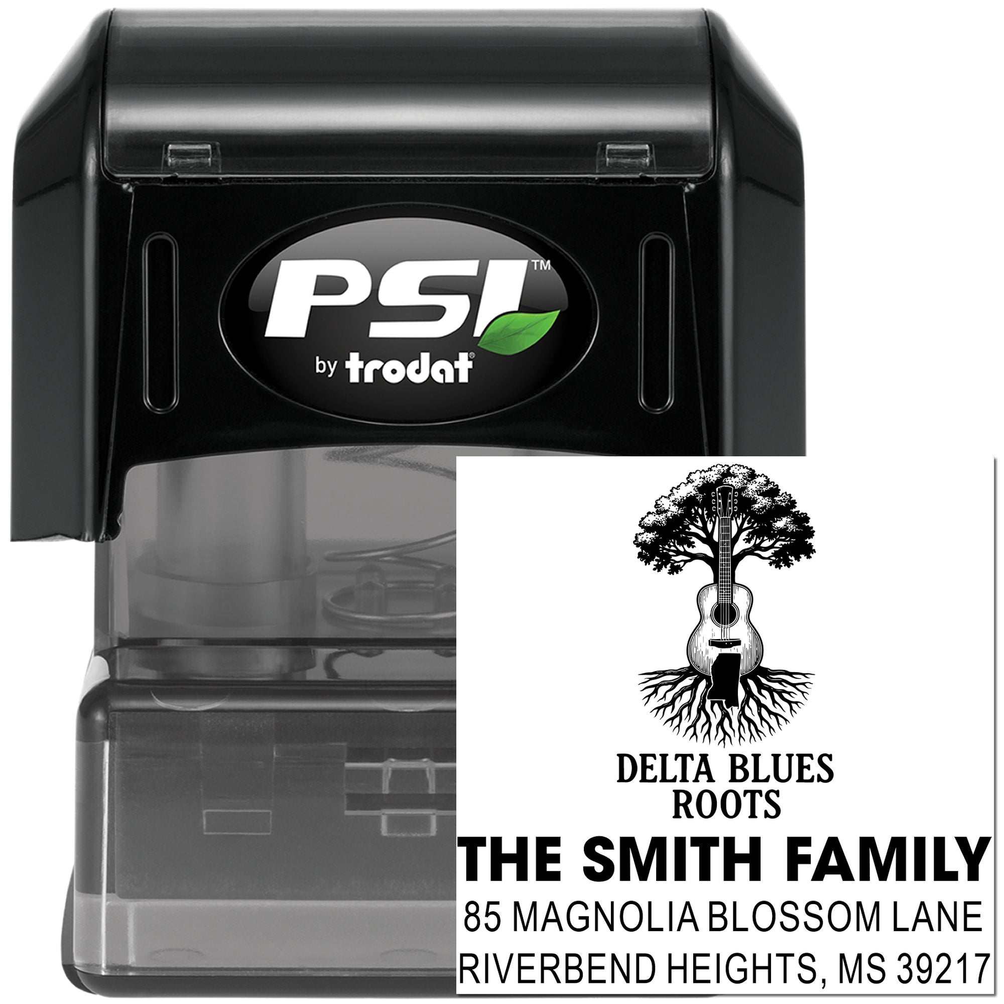 Custom self-inking rubber stamp by PSI Trodat with Delta Blues Roots family return address design