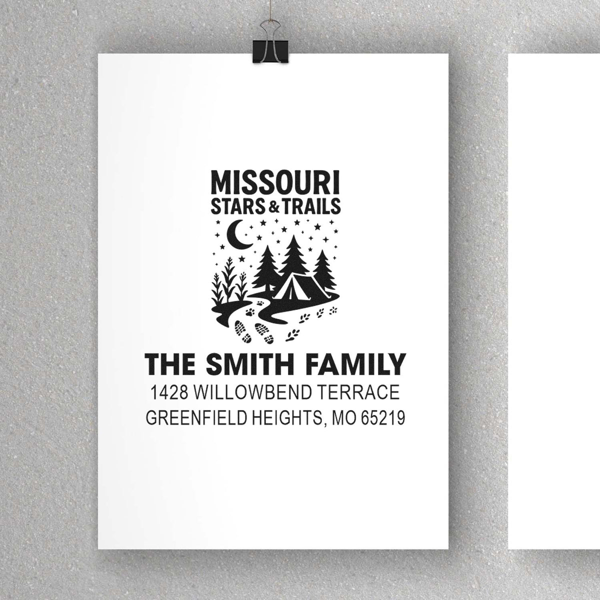 Custom Missouri Stars & Trails rubber stamp with camping scene, family name and address for personalized return mail.