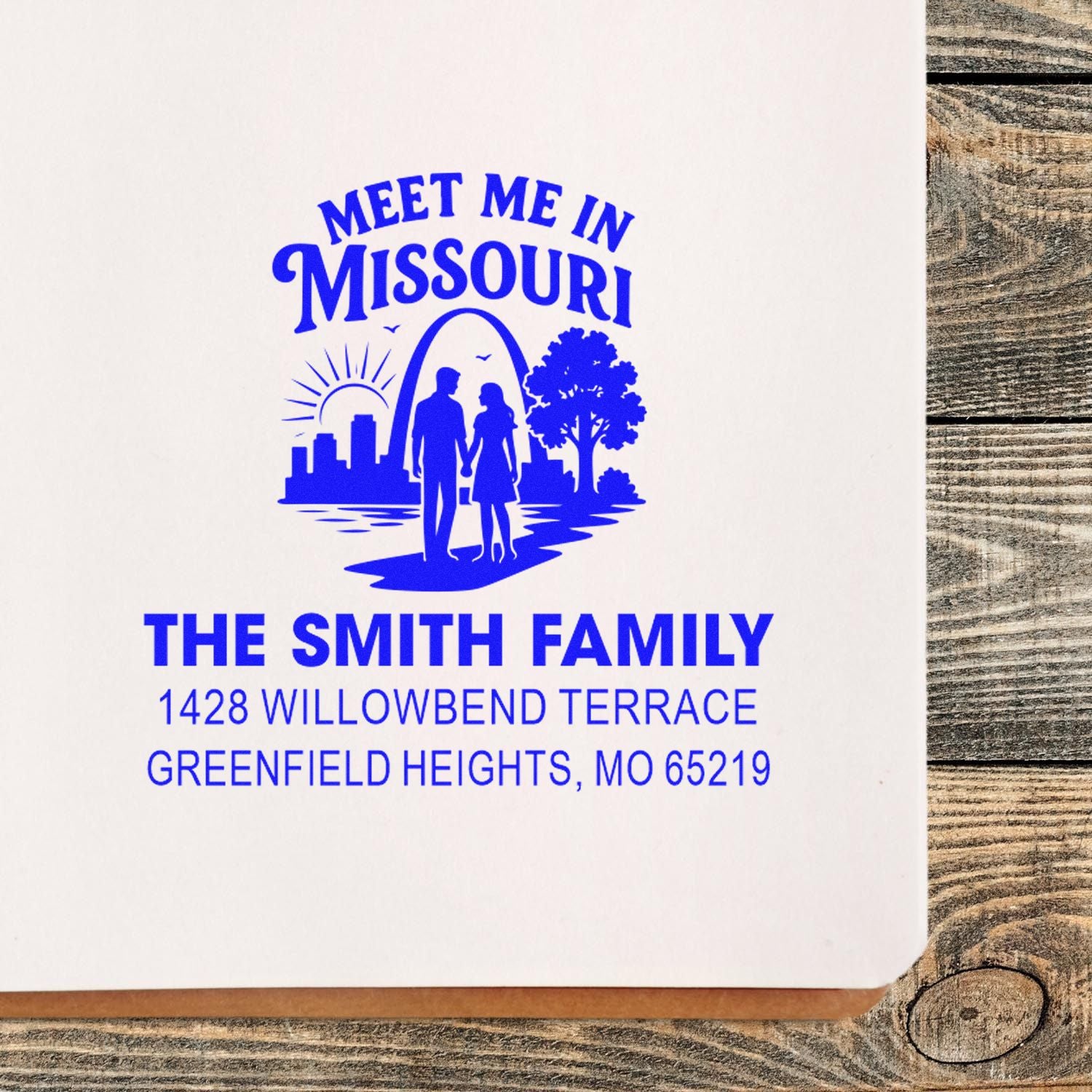 Custom return address rubber stamp for The Smith Family with Missouri skyline, St. Louis Arch, and address.