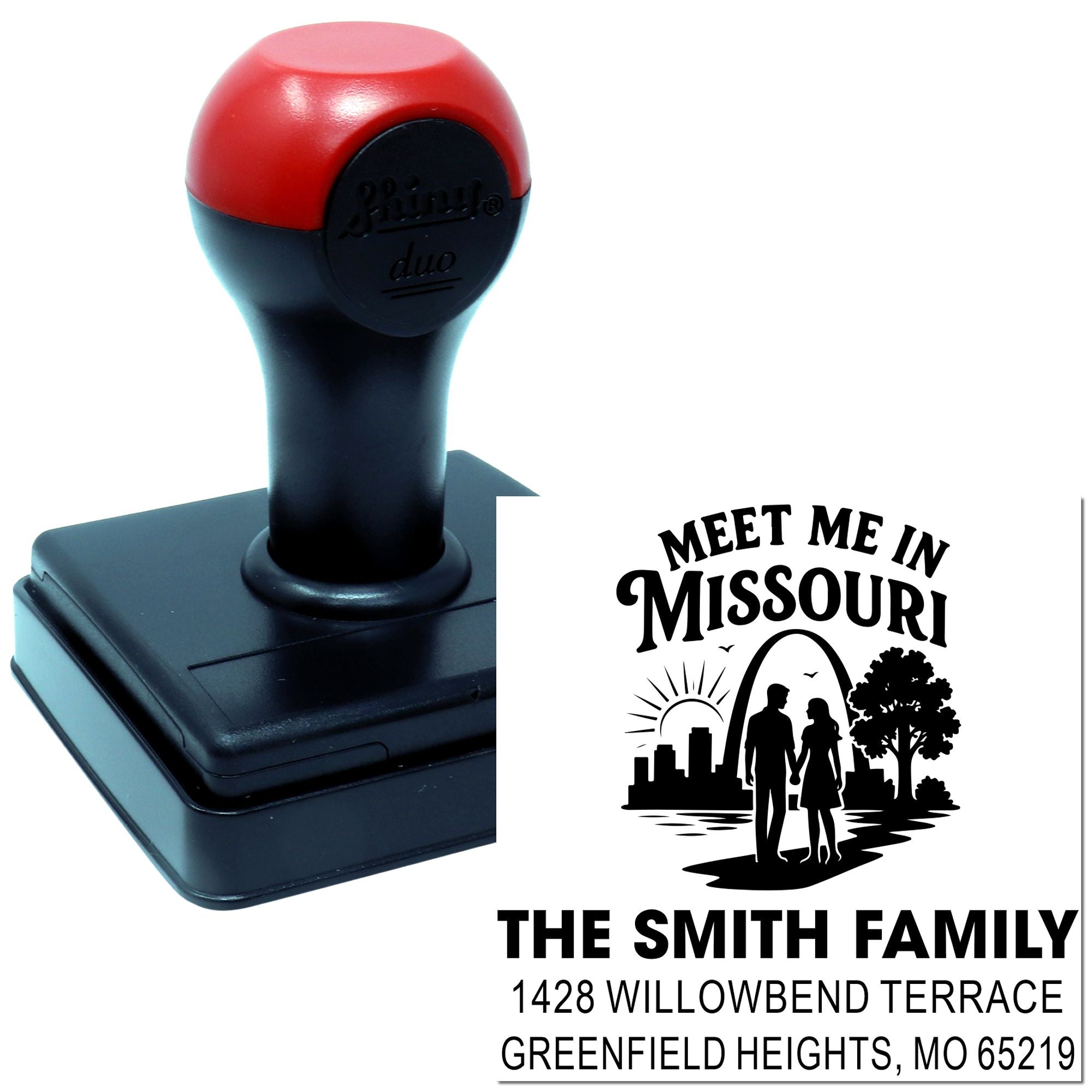 Custom self-inking address rubber stamp for The Smith Family, with Meet Me in Missouri design and Greenfield Heights, MO address.