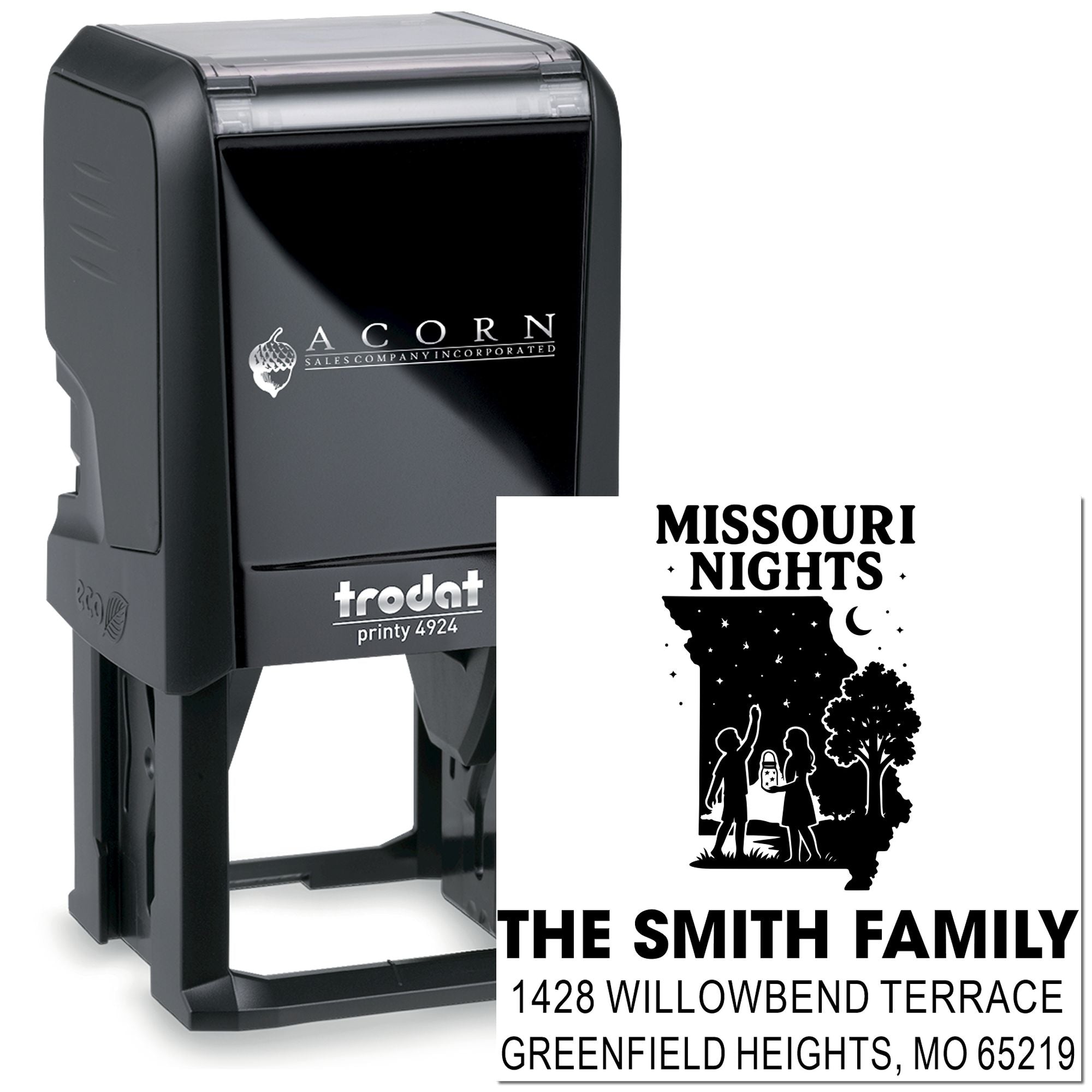 Custom self-inking rubber stamp with Missouri Nights design and The Smith Family return address, Trodat Printy 4924.