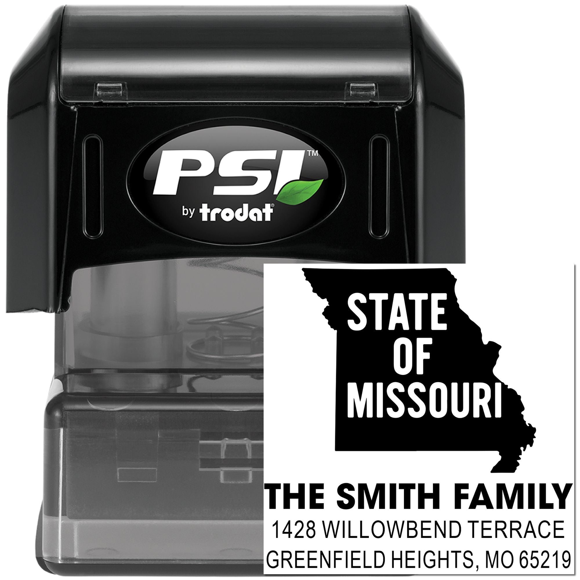 Custom Missouri return address rubber stamp with state silhouette, family name, and address in PSI by Trodat self-inking design.