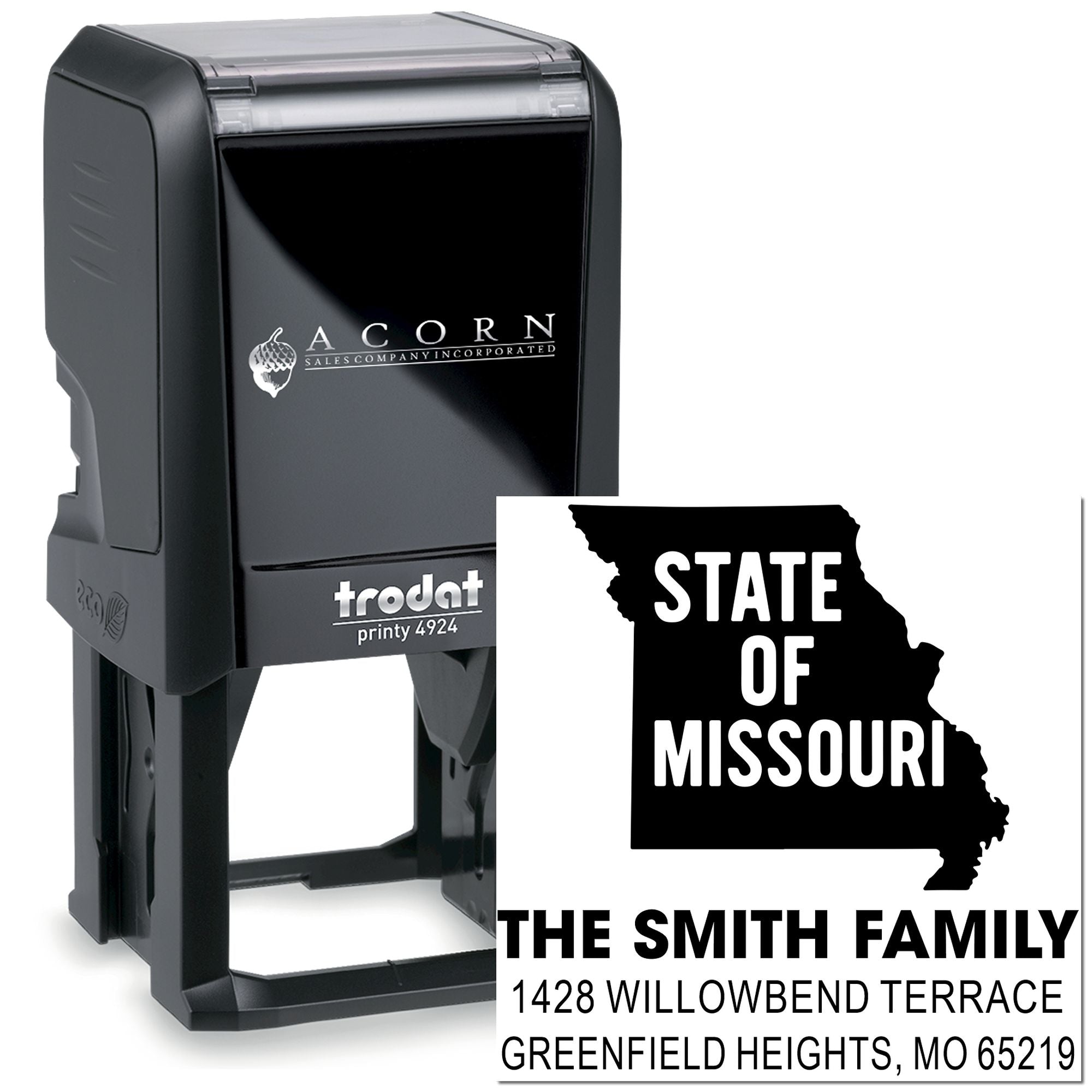 Custom Missouri state address rubber stamp with self-inking Trodat Printy 4924 for The Smith Family.