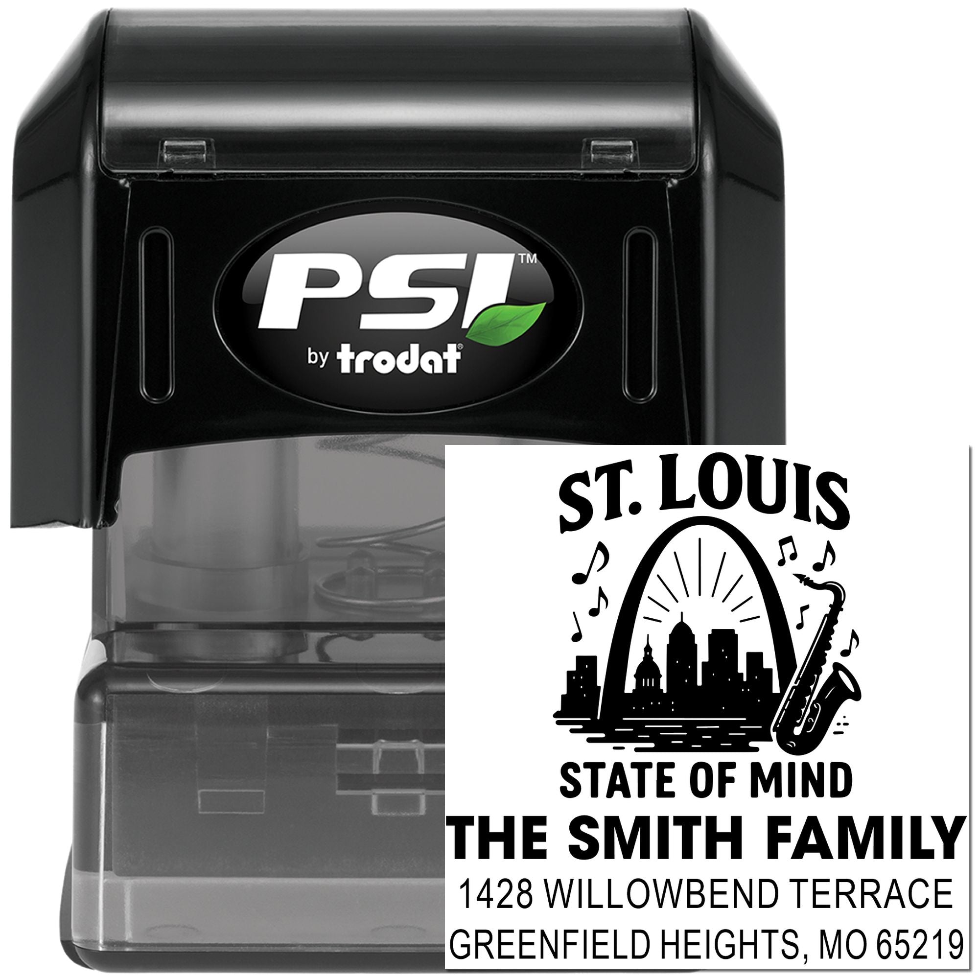 Custom self-inking rubber stamp with St. Louis State of Mind design, The Smith Family address, and PSI by Trodat case.
