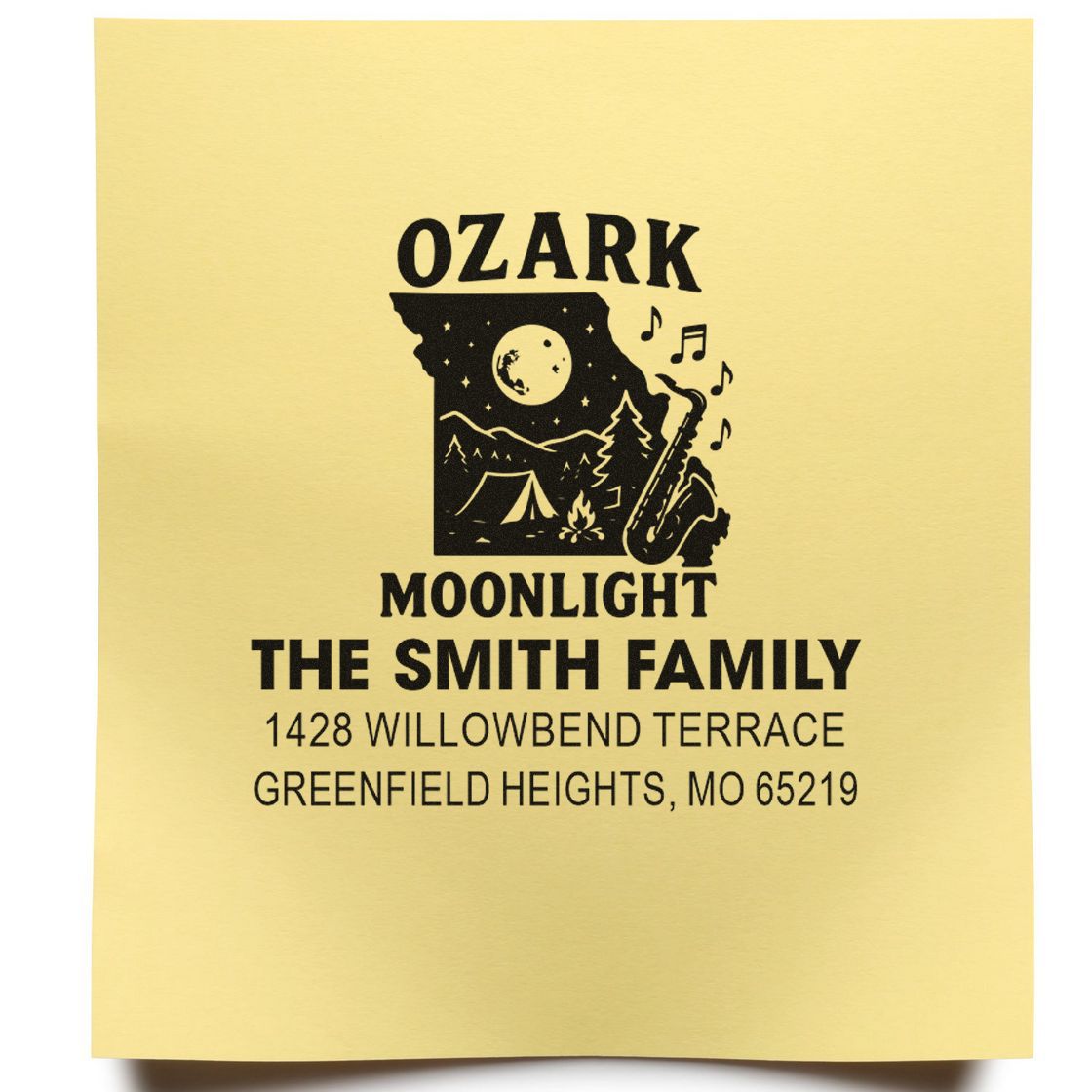 Custom Ozark Moonlight return address rubber stamp for The Smith Family with camping and saxophone design, Greenfield Heights, MO.