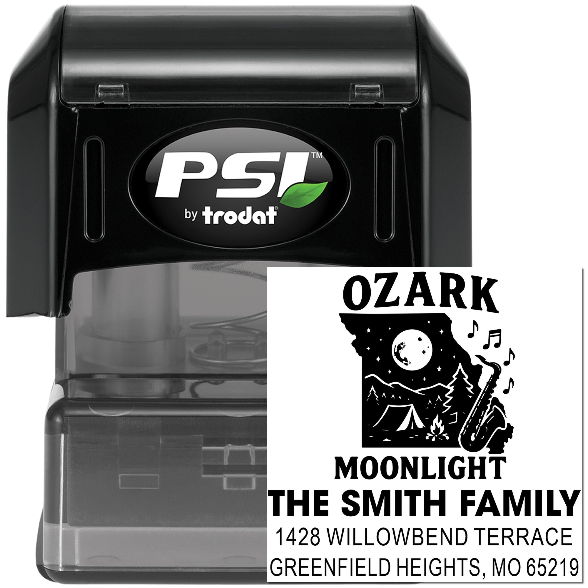 PSI by Trodat self-inking rubber stamp with personalized Ozark Moonlight family address design for The Smith Family.
