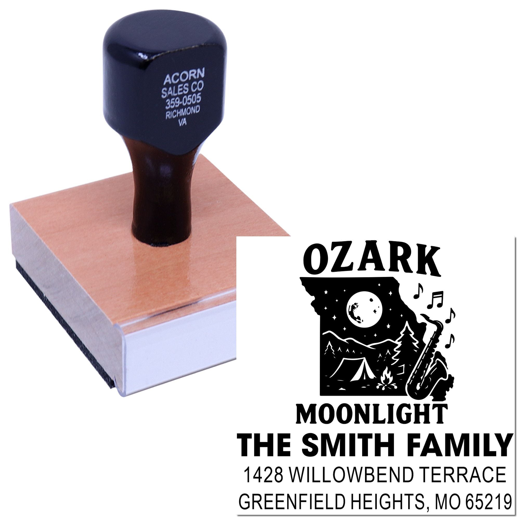 Personalized rubber stamp for The Smith Family, Ozark Moonlight, with camping design and address details