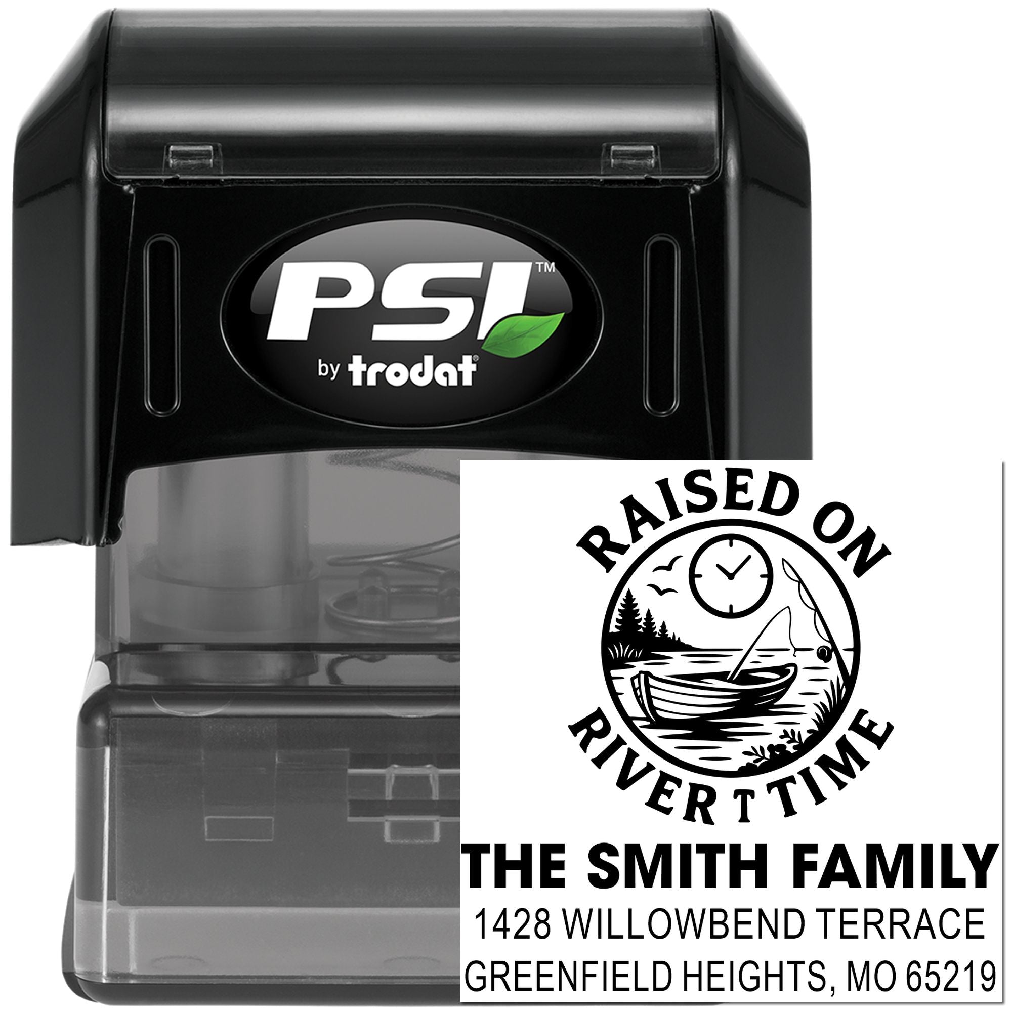 Custom self-inking address rubber stamp with Raised on River Time family design and personalized return address imprint.