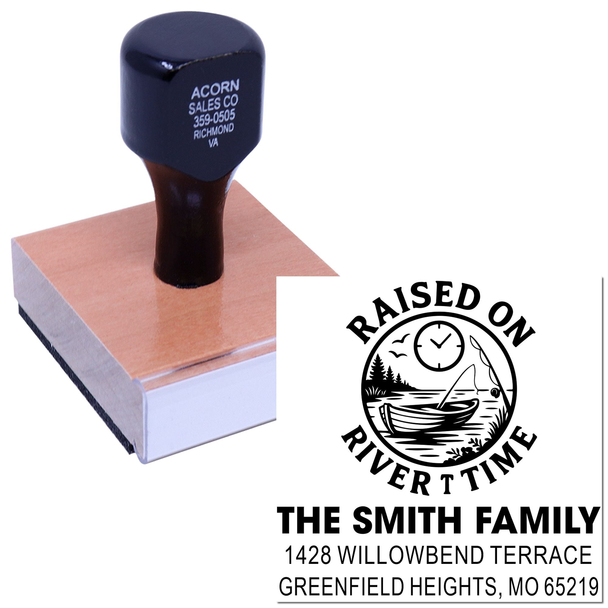 Personalized rubber address stamp for The Smith Family with Raised on River Time design and mailing imprint.