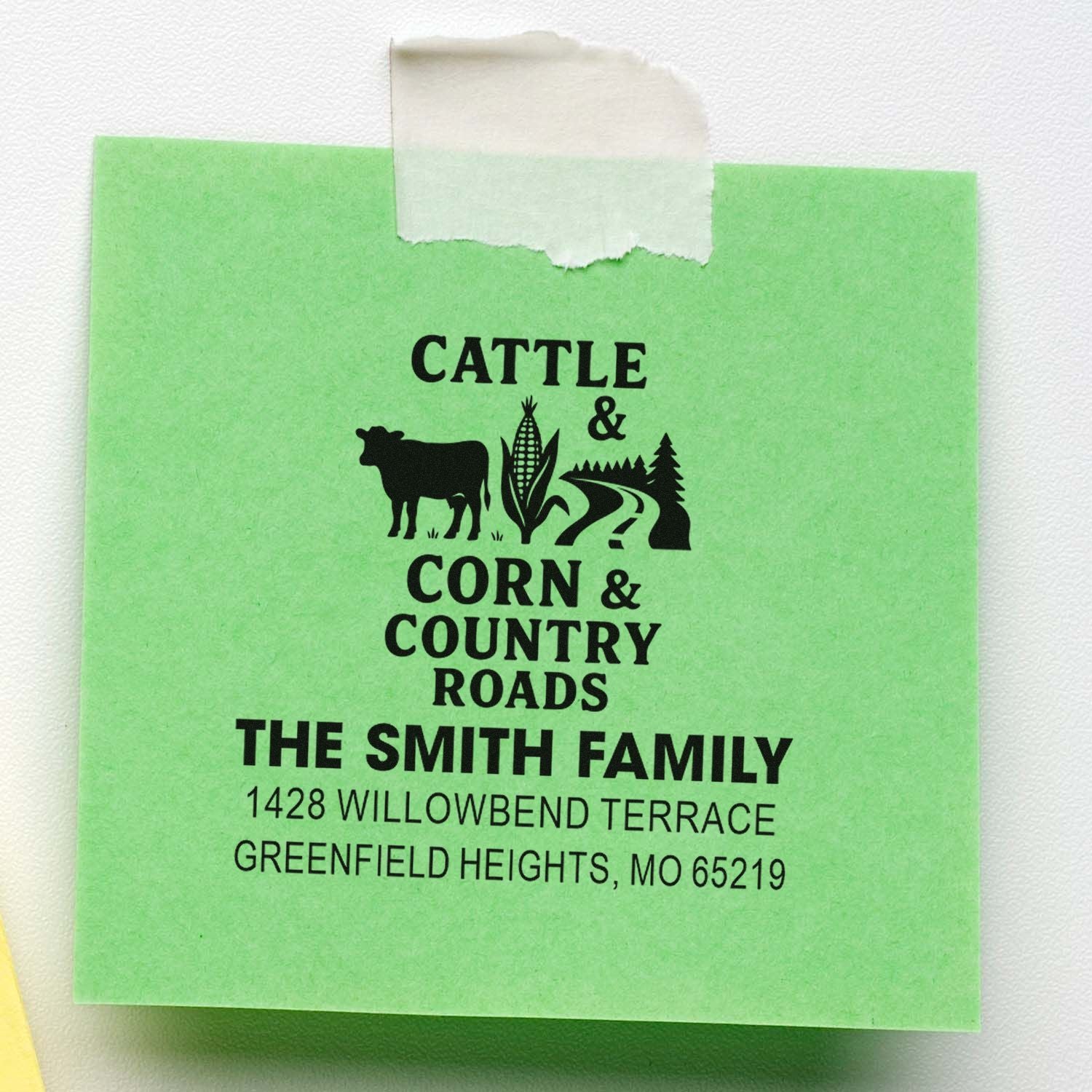 Custom farm-themed rubber return address stamp for The Smith Family with cattle, corn and country roads.