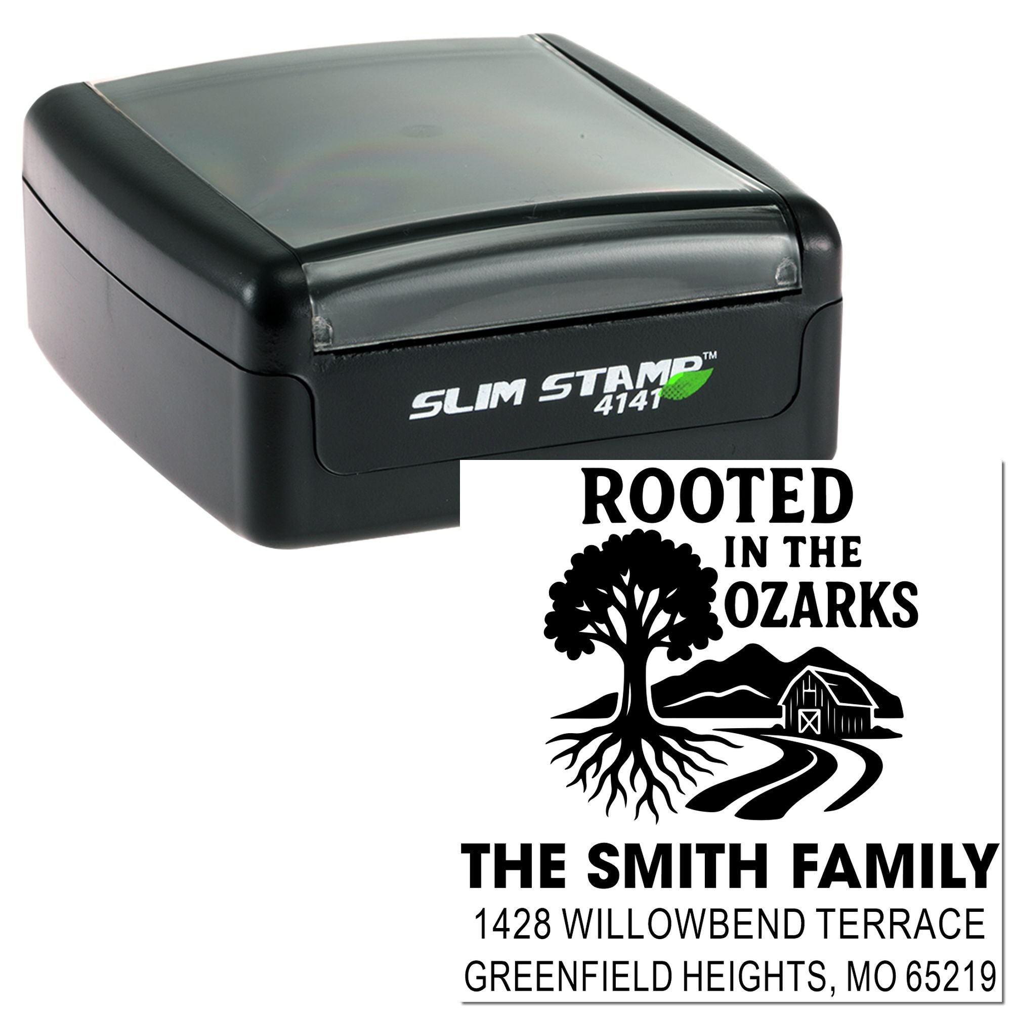 Custom Slim Stamp 4141 return address rubber stamp with Rooted in the Ozarks personalized family design.