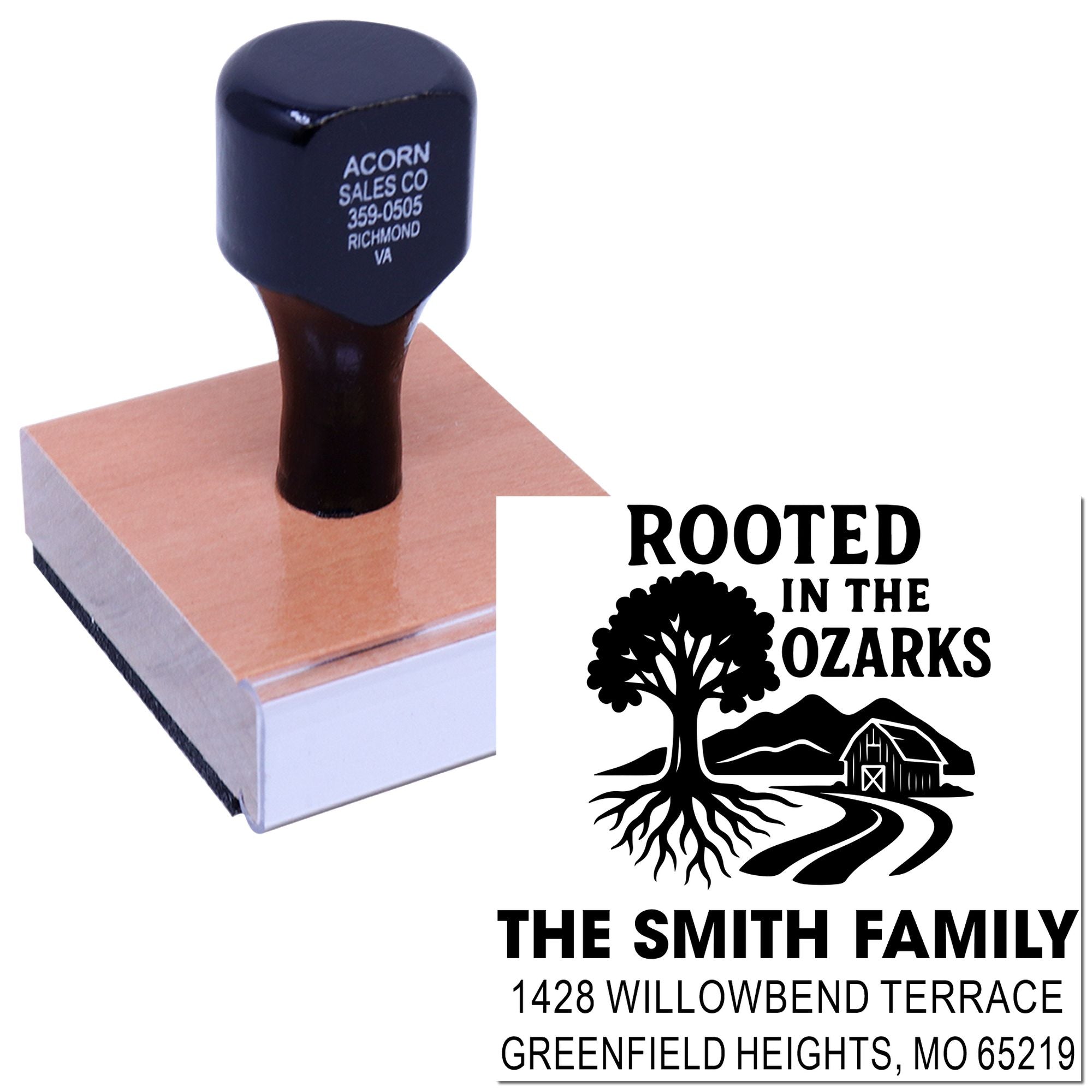 Personalized custom rubber return address stamp with Rooted in the Ozarks family logo, Smith name, and address.