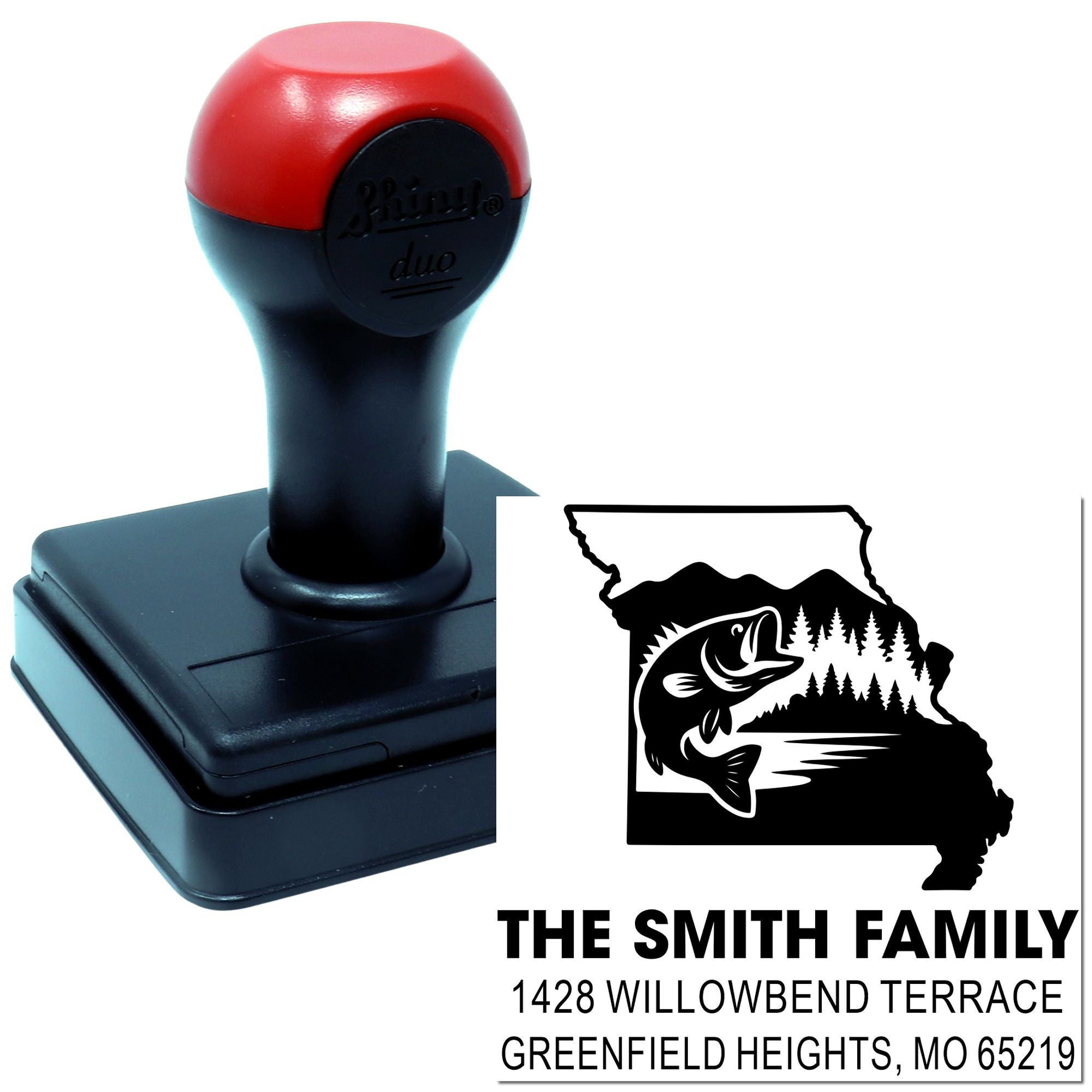 Custom Missouri rubber stamp with fish and forest design, personalized Smith Family address stamp, Greenfield Heights, MO 65219.