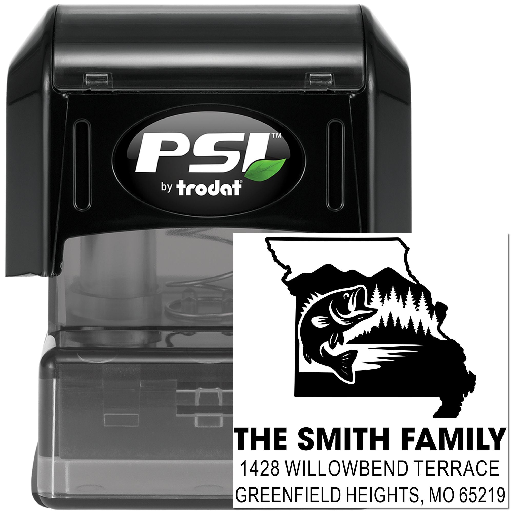PSI by Trodat self-inking custom family return address rubber stamp with fish logo and Missouri address.