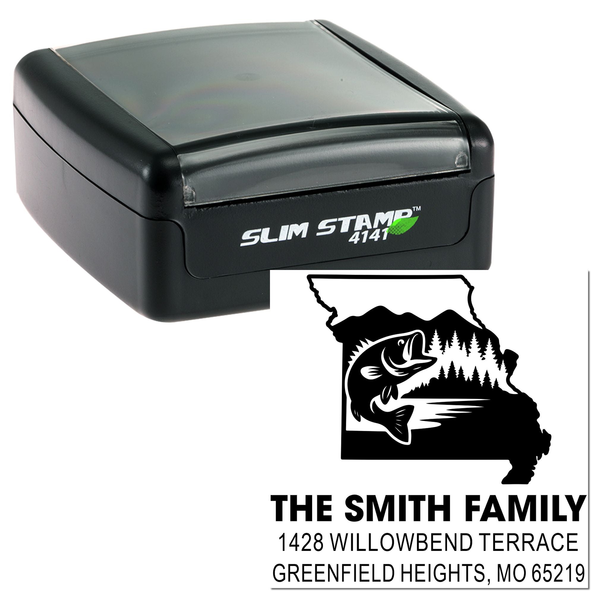 Slim Stamp 4141 self-inking rubber stamp with custom Missouri fishing return address design for family mailings.