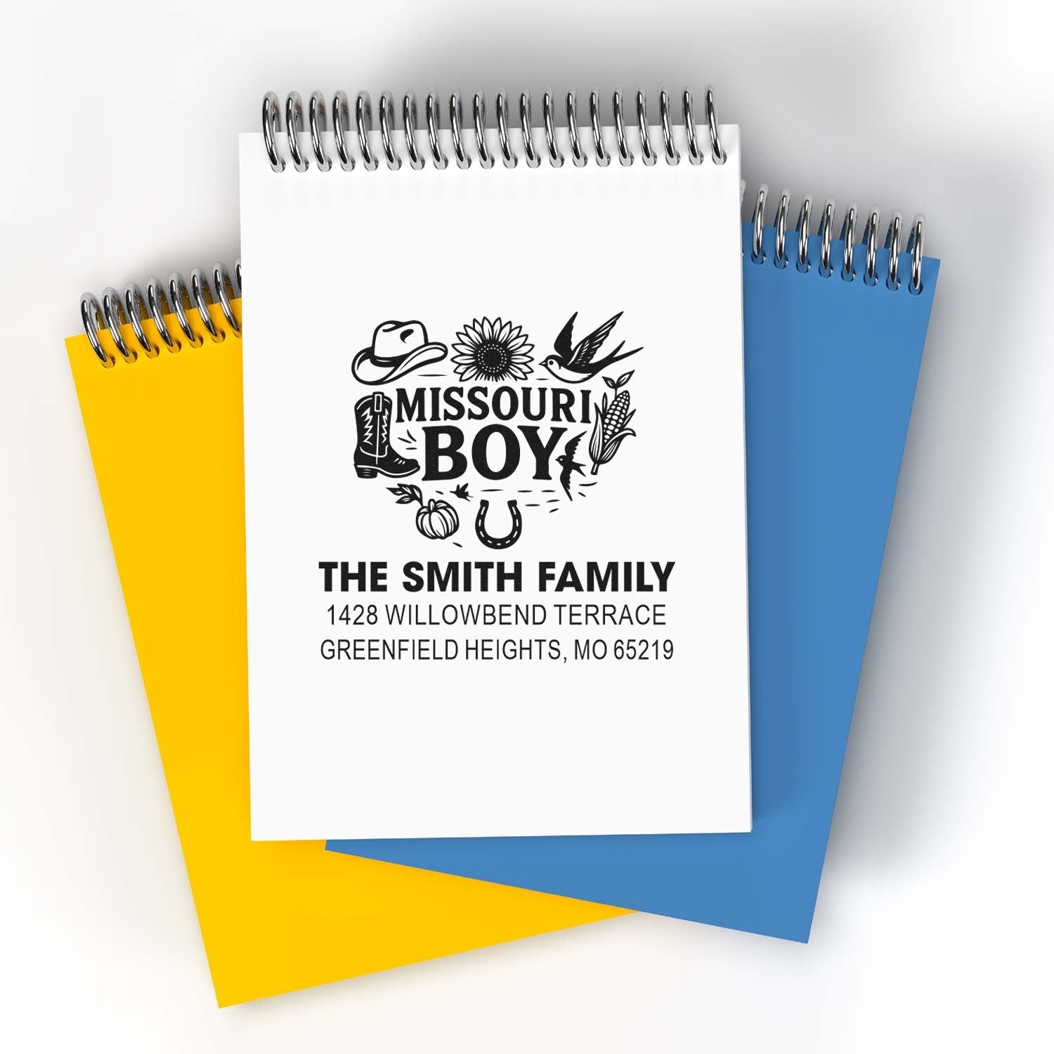 Custom return address rubber stamp for The Smith Family, featuring a Missouri Boy design and Greenfield Heights, MO 65219.