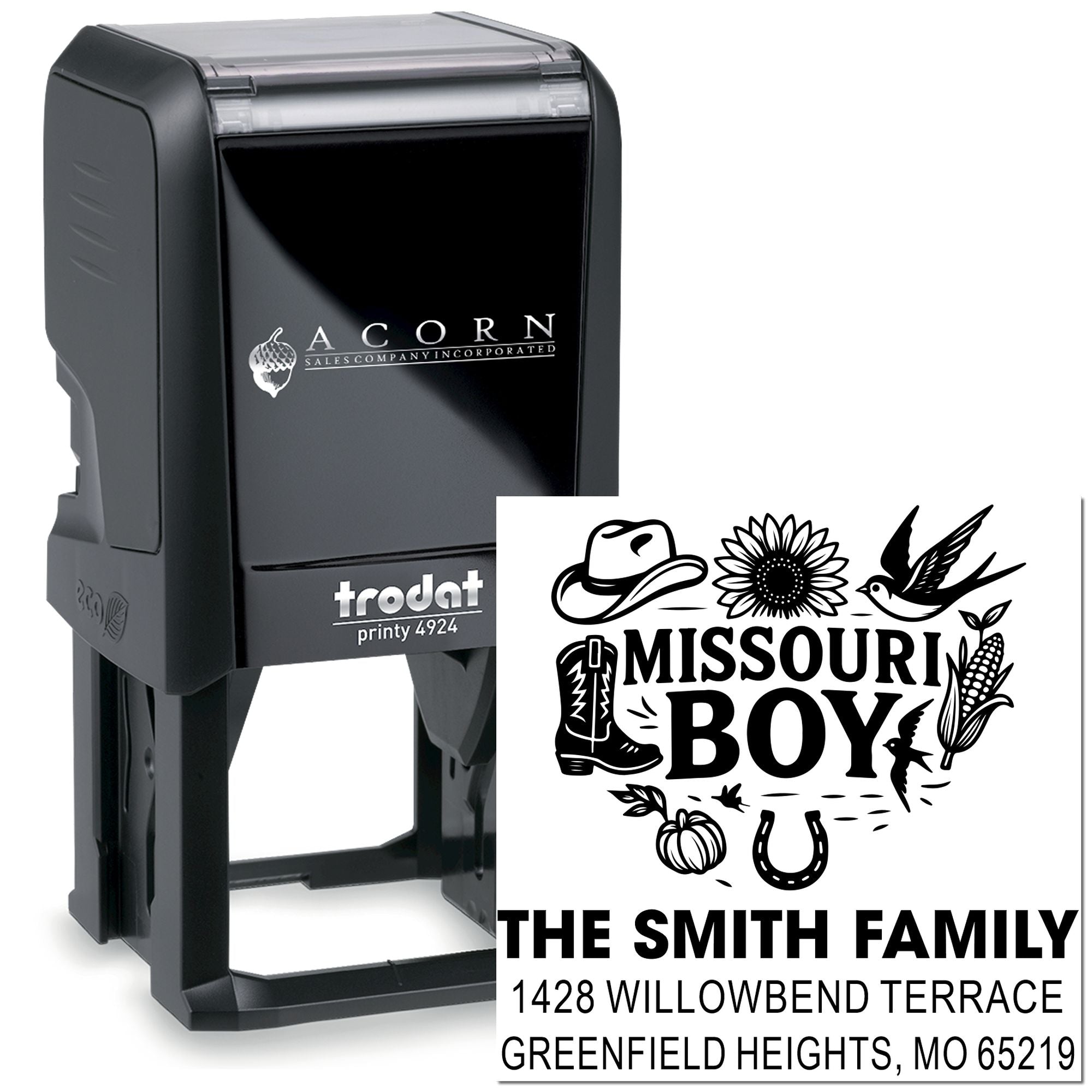 Trodat Printy 4924 custom self-inking rubber stamp with personalized Missouri Boy family address design.