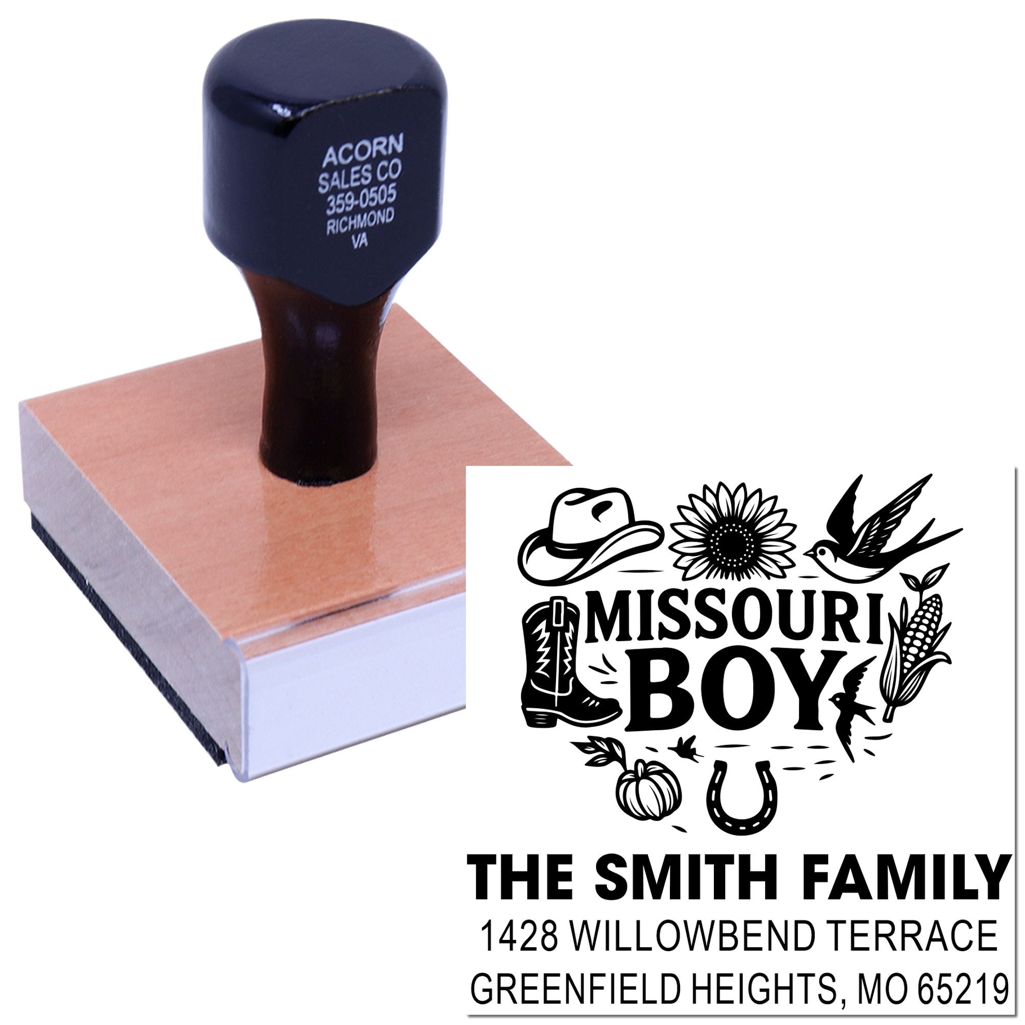 Custom rubber stamp with Missouri Boy design and The Smith Family address for personalized business and home branding.