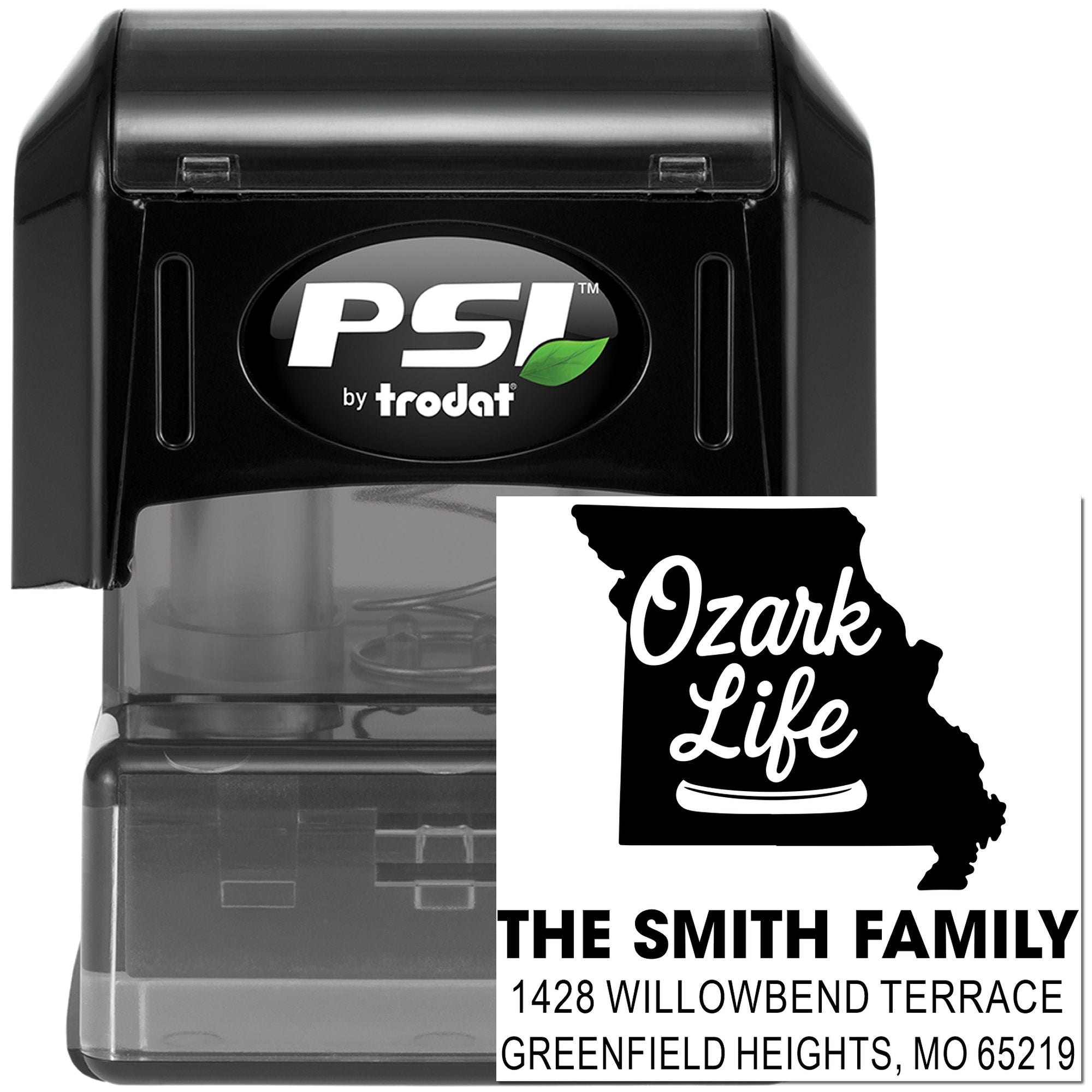 PSI by Trodat self-inking custom rubber address stamp with Missouri state design and family return address imprint.