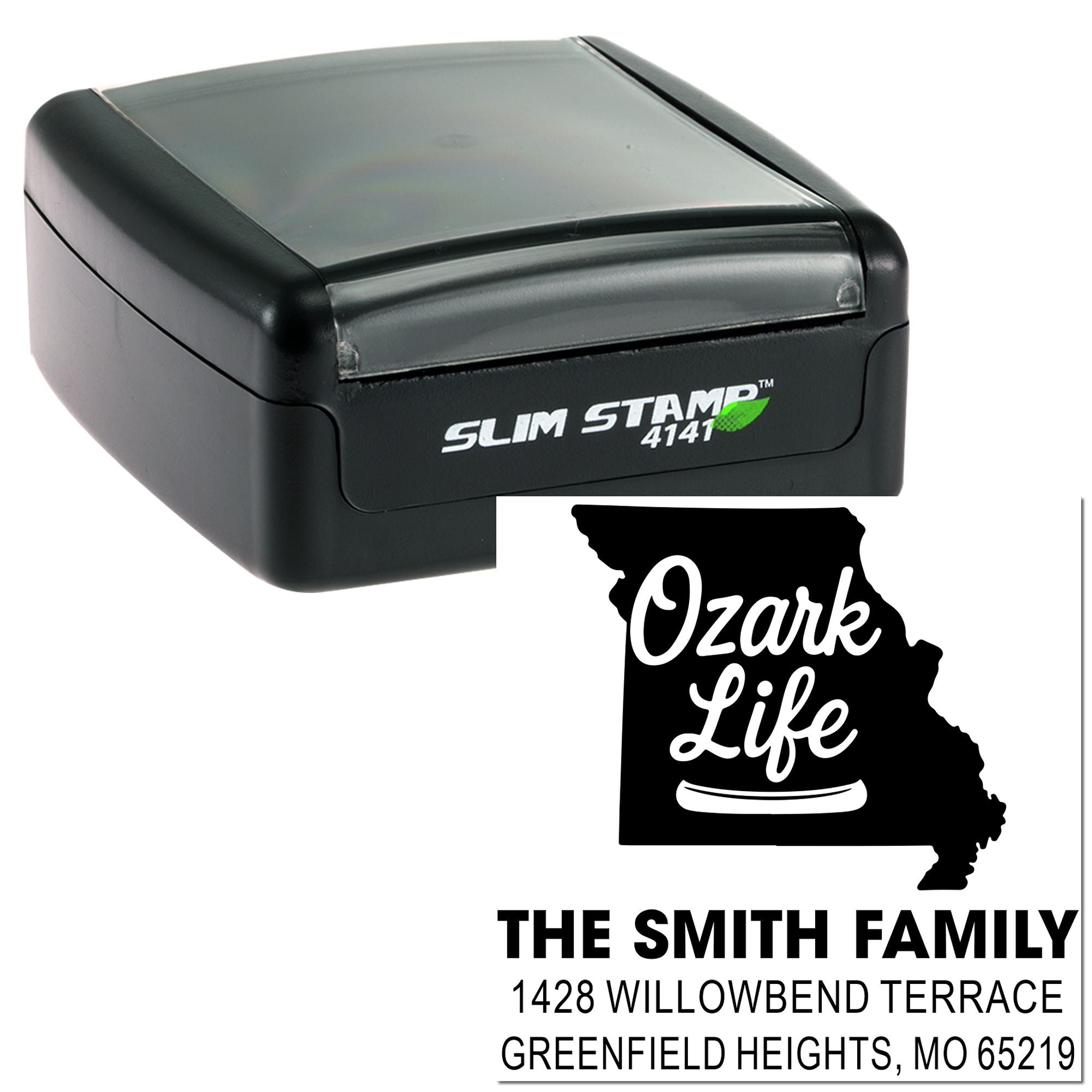 Custom self-inking rubber stamp with Missouri Ozark Life design, The Smith Family name, and Greenfield Heights address.